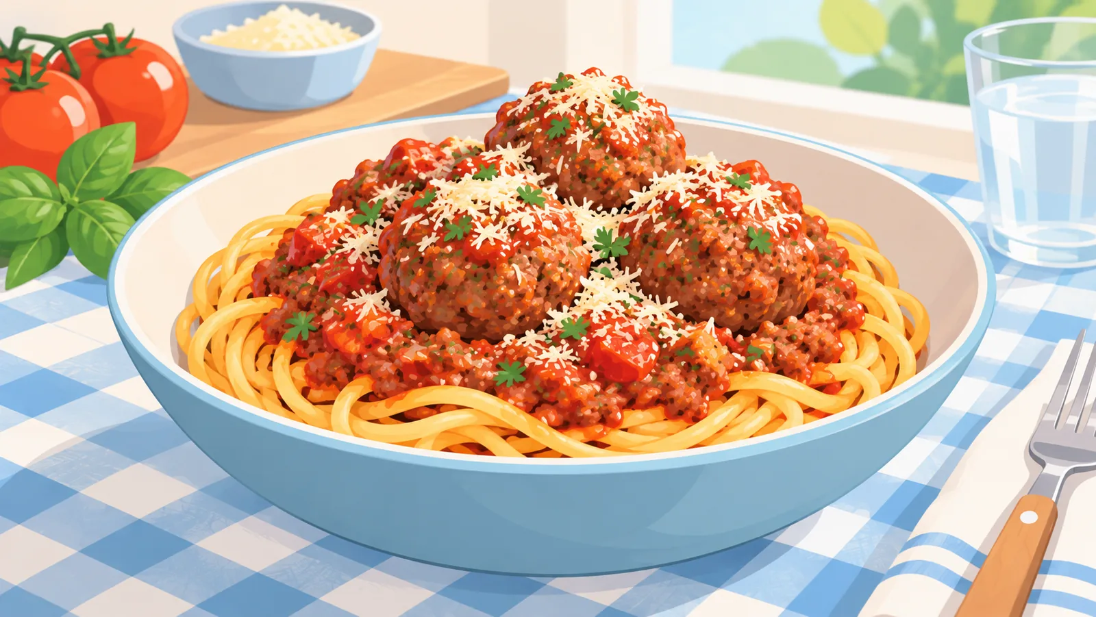 Spaghetti dengan saus daging dan bakso daging