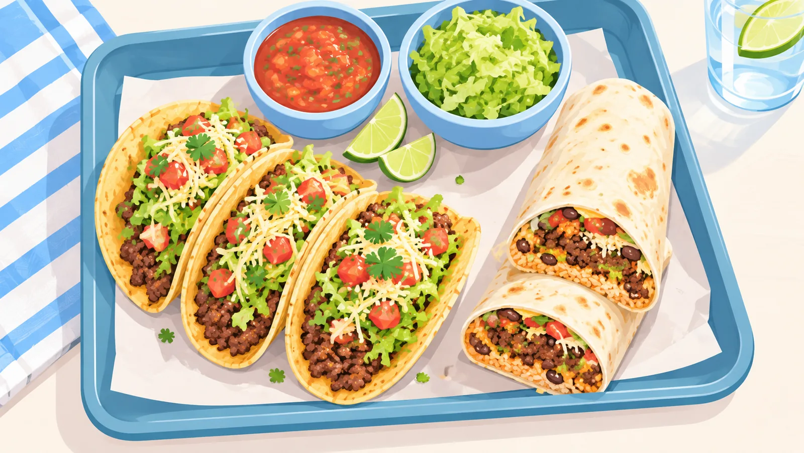 Taco dan burrito isi daging giling di nampan