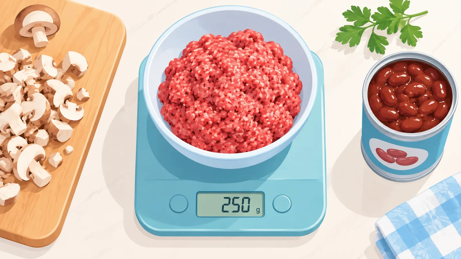 Menimbang daging giling di timbangan dapur