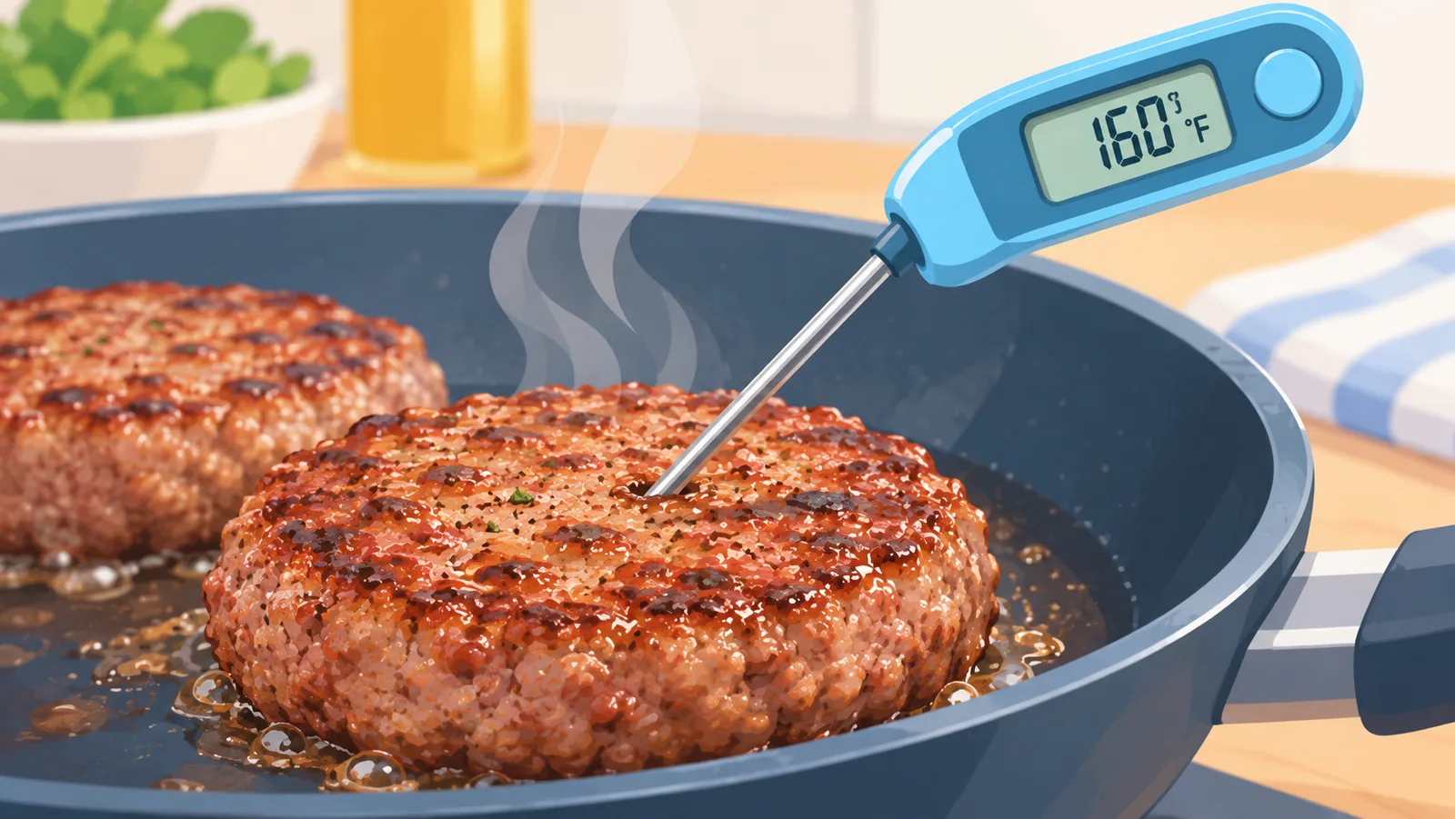 Termometer makanan menancap di patty daging