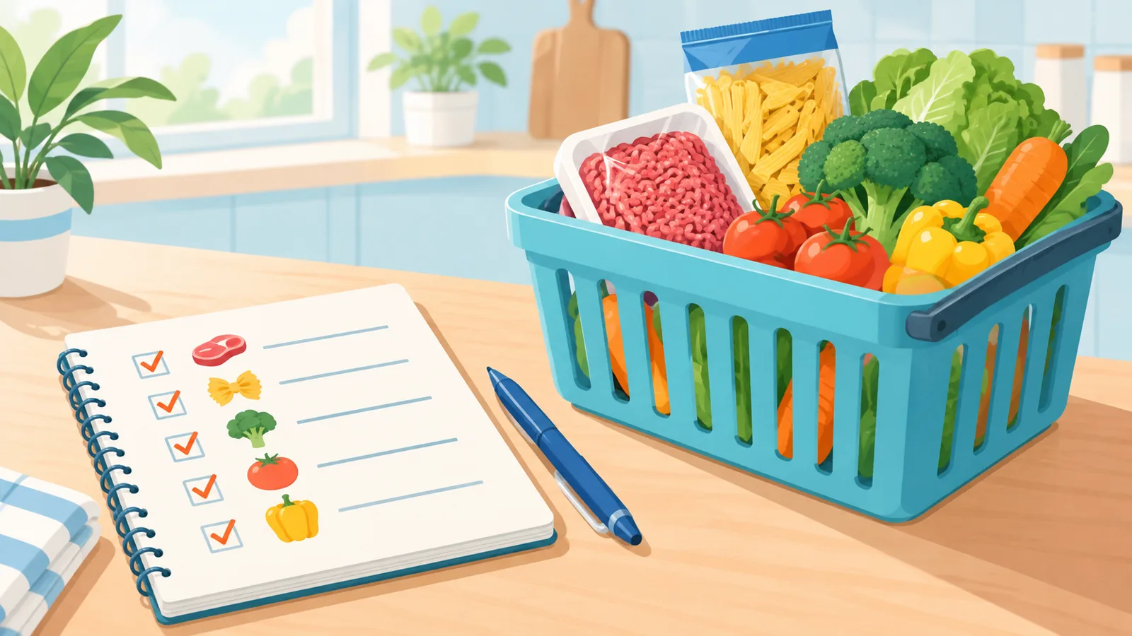 Daftar belanja dan bahan masakan di meja dapur