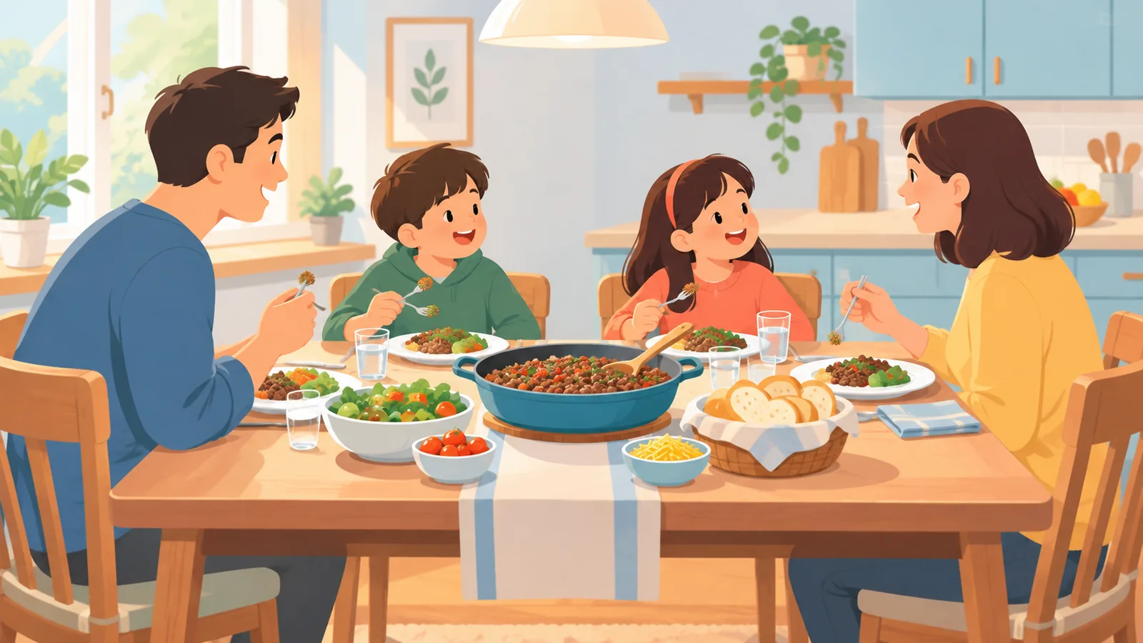 Keluarga makan malam dengan masakan daging giling