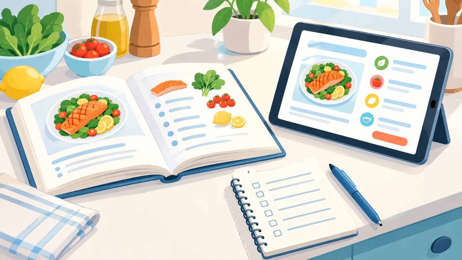 Buku resep dan catatan sumber di meja dapur
