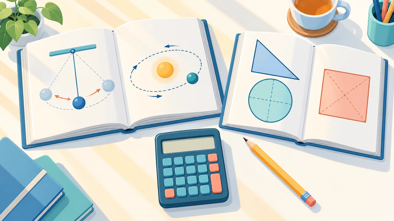 Buku fisika dan matematika di meja belajar