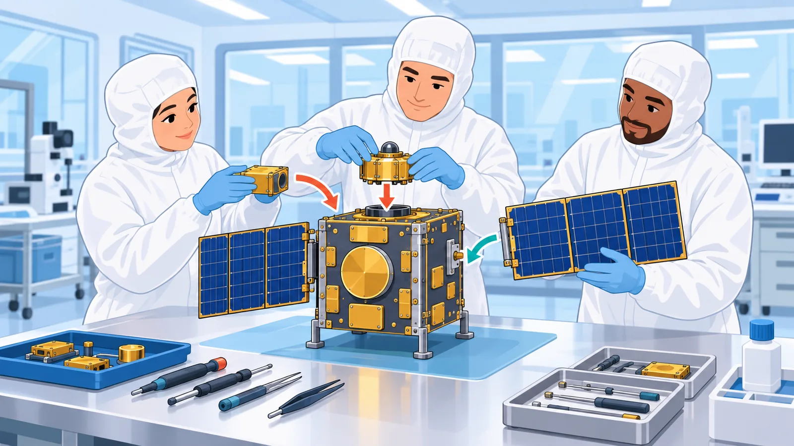 Teknisi merakit satelit di ruang bersih