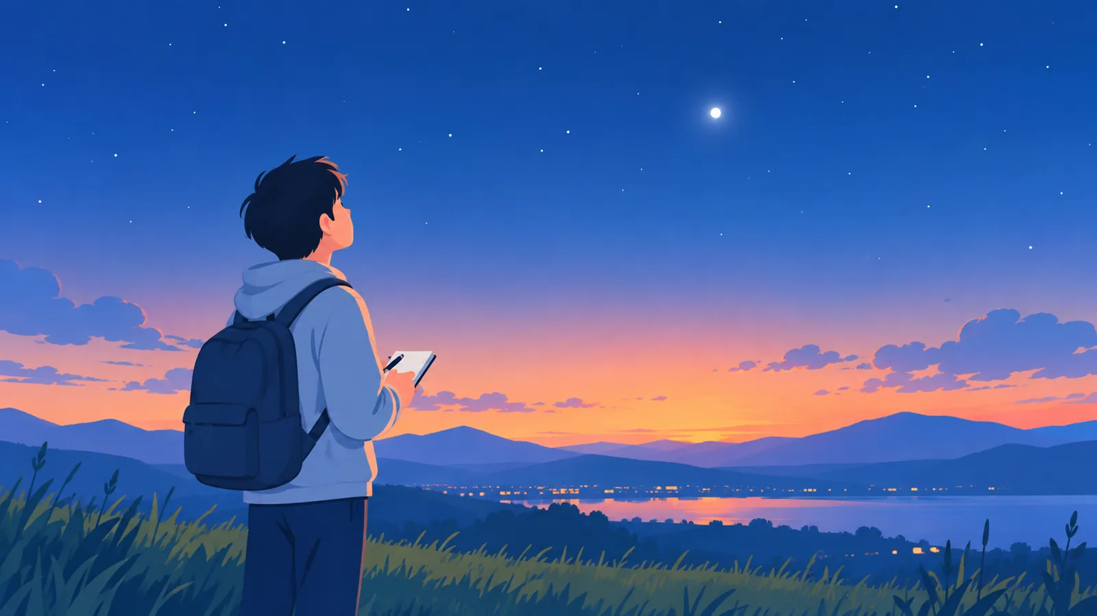 Pelajar mengamati planet pertama yang muncul di langit senja sambil membawa buku catatan
