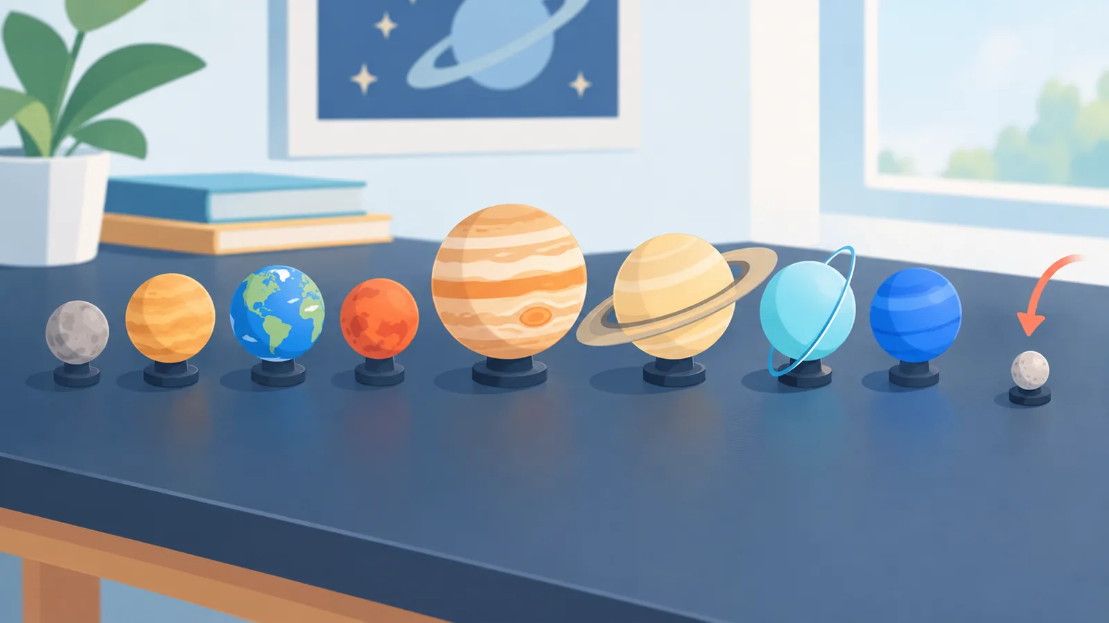 Model delapan planet Tata Surya dengan satu model planet kerdil di samping