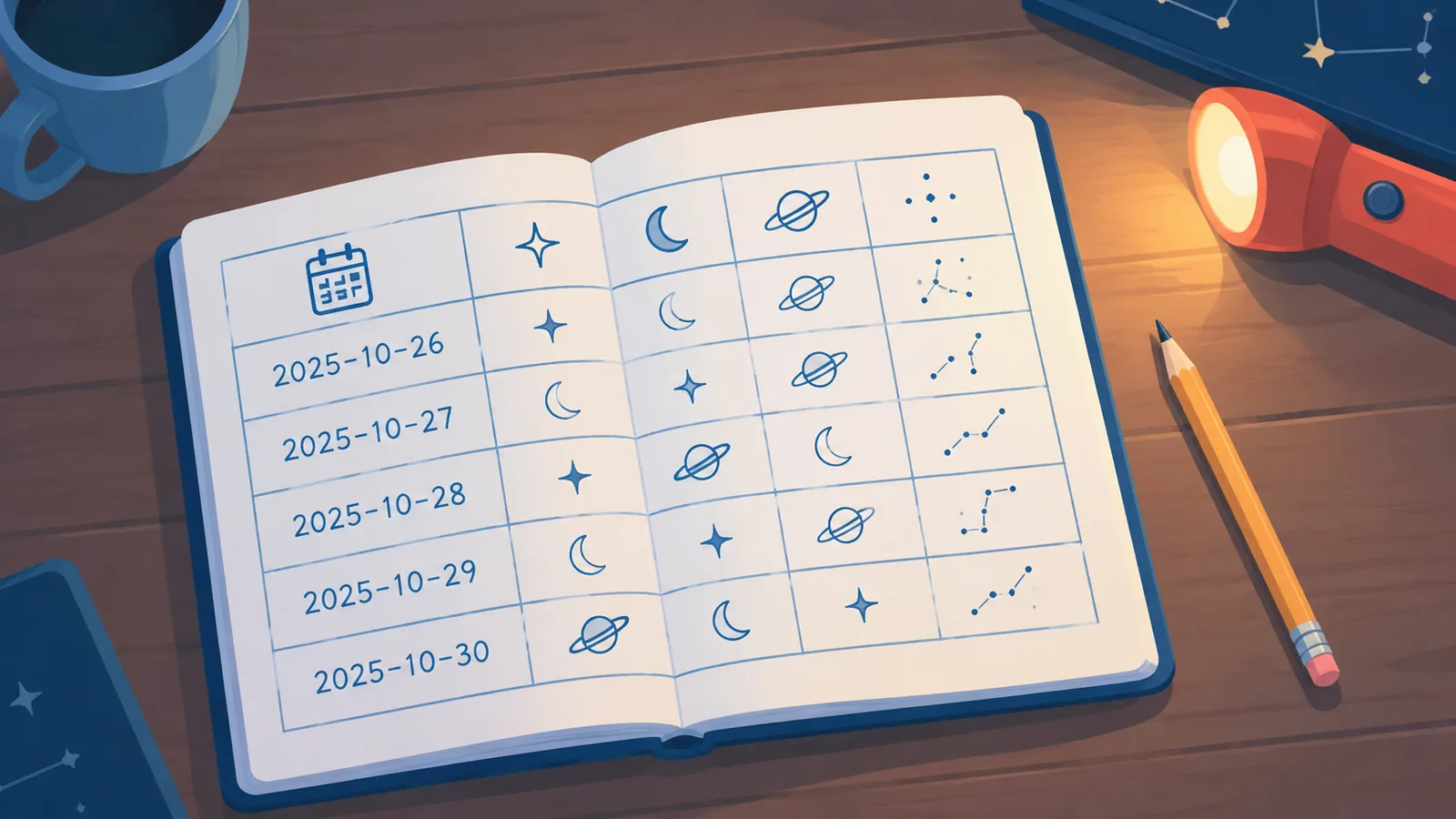 Buku catatan berisi tabel posisi planet dari malam ke malam beserta pensil dan senter