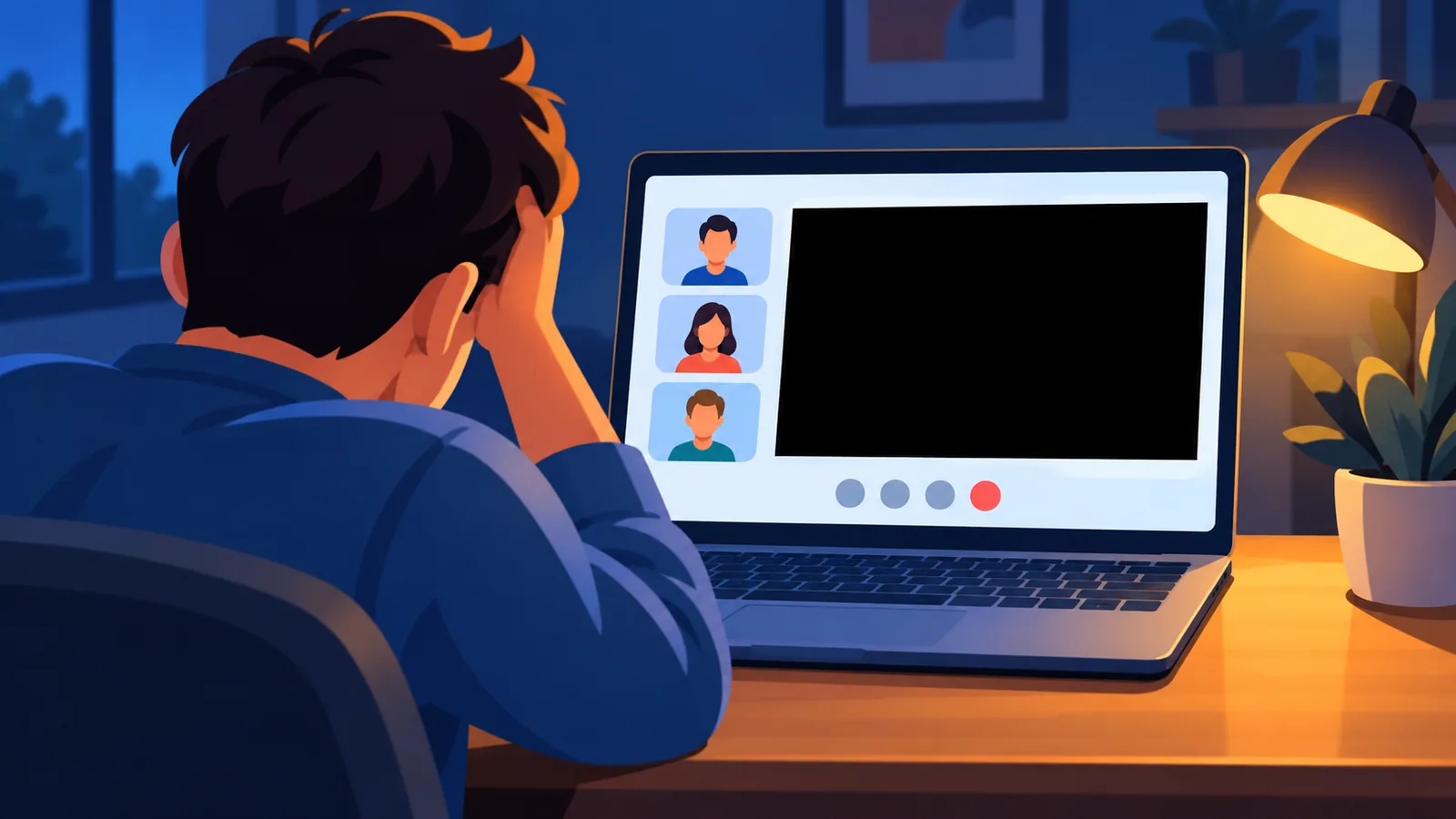 Orang menatap laptop dengan layar berbagi yang tampil hitam