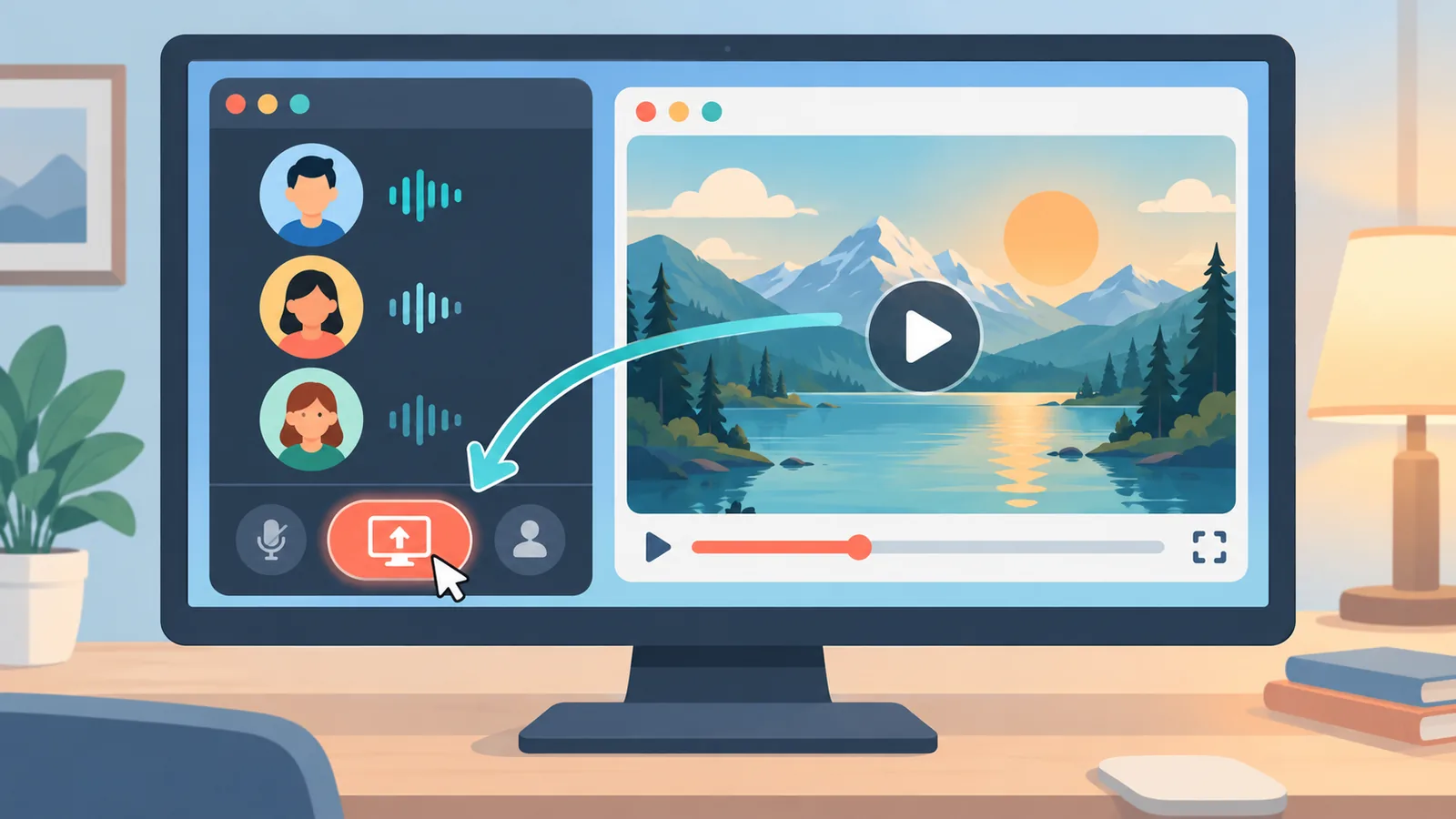 Monitor menampilkan tombol berbagi layar di voice channel