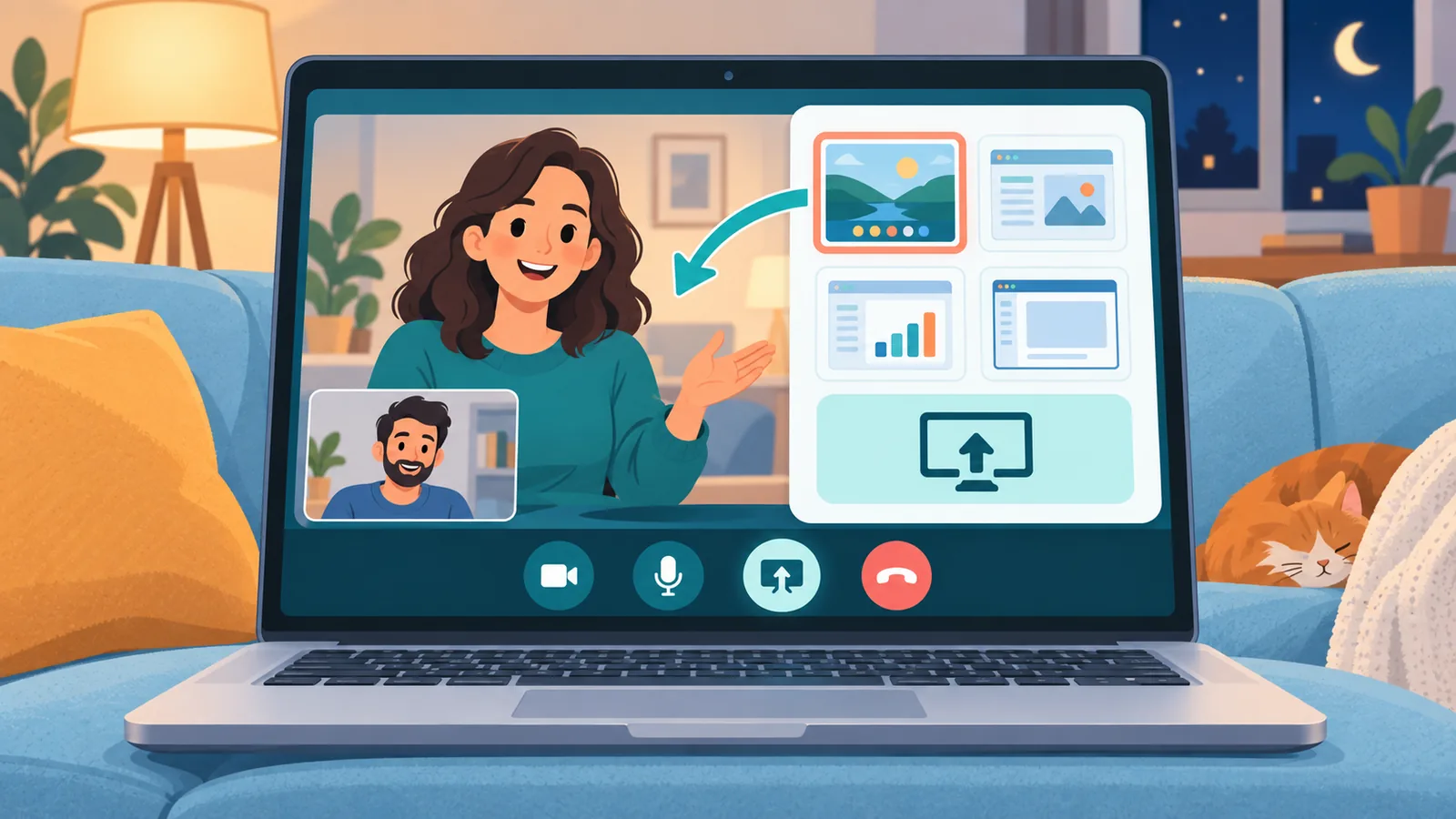 Laptop di sofa menampilkan menu berbagi layar pada panggilan DM