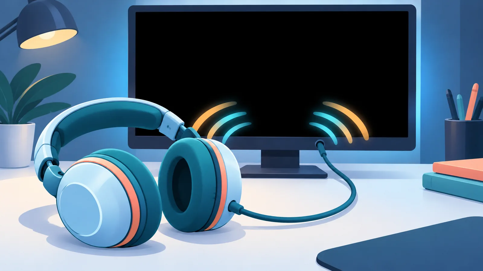 Headphone di depan monitor dengan panel video hitam
