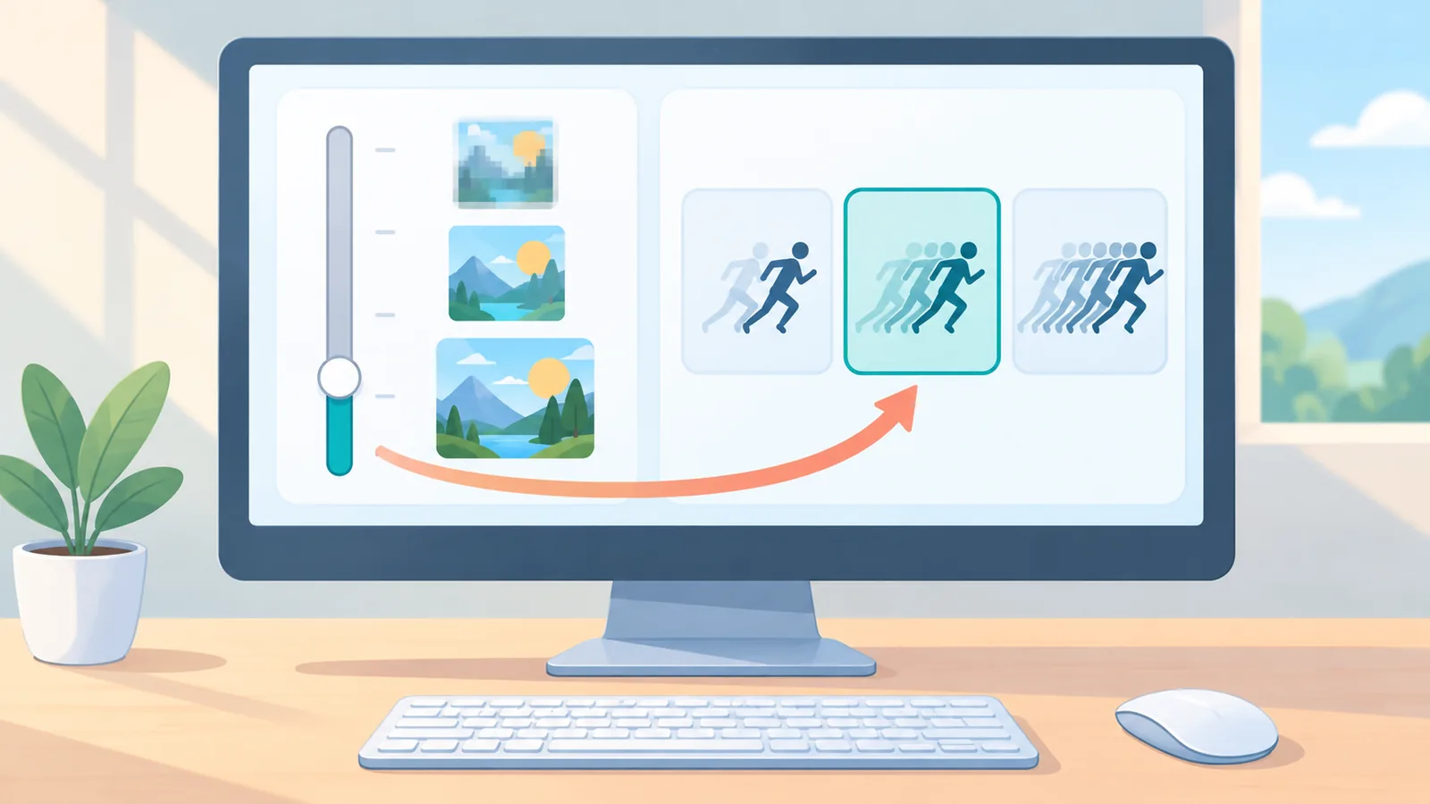 Penggeser kualitas stream dan pilihan frame rate di monitor