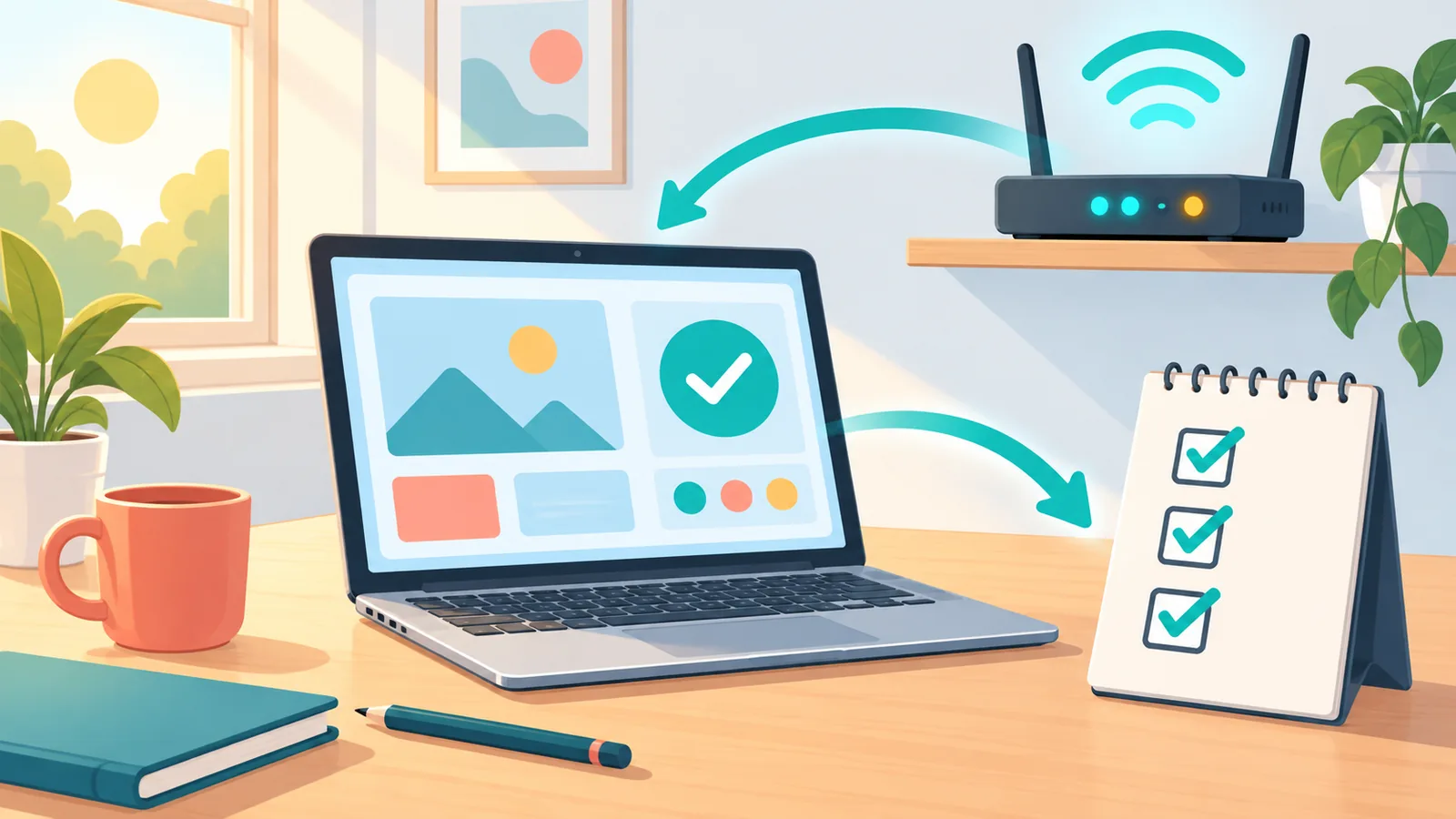 Meja kerja dengan laptop, router Wi-Fi, dan catatan daftar periksa