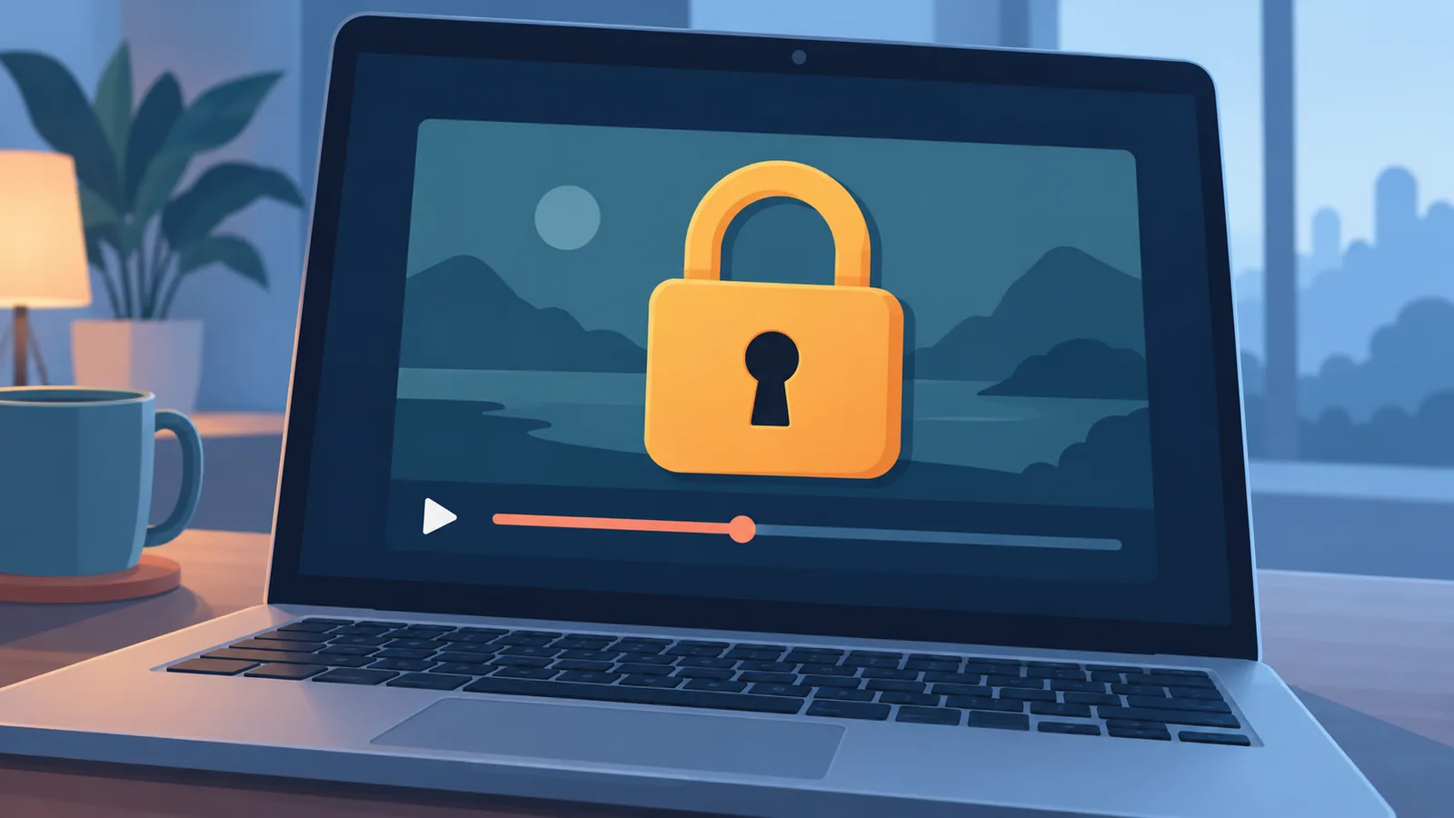 Pemutar video gelap dengan ikon gembok perlindungan konten