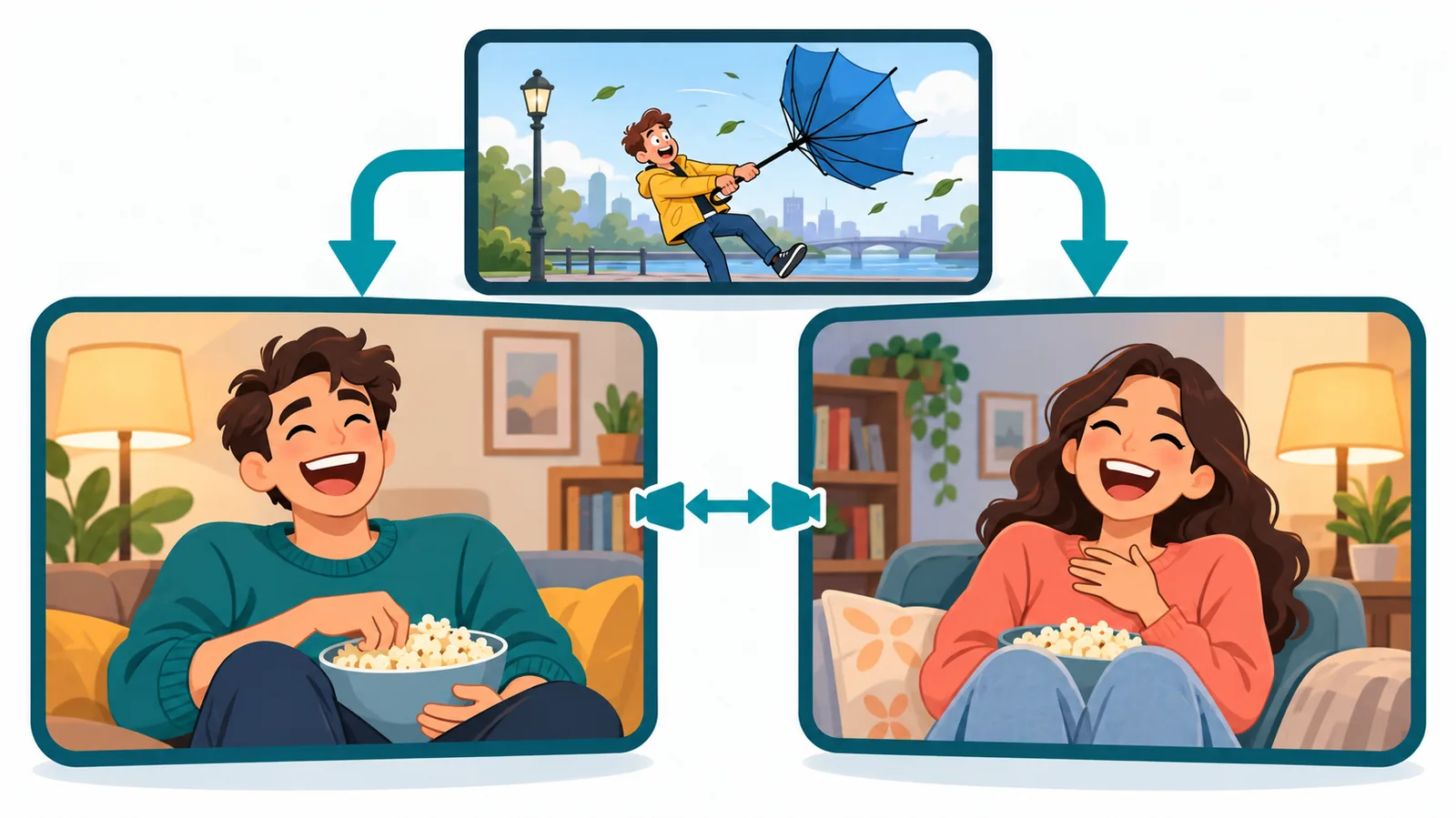 Dua teman tertawa di panggilan video sambil menonton film bersama
