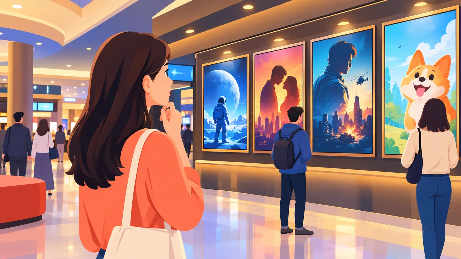 Lobi bioskop modern dengan dinding poster film yang akan tayang