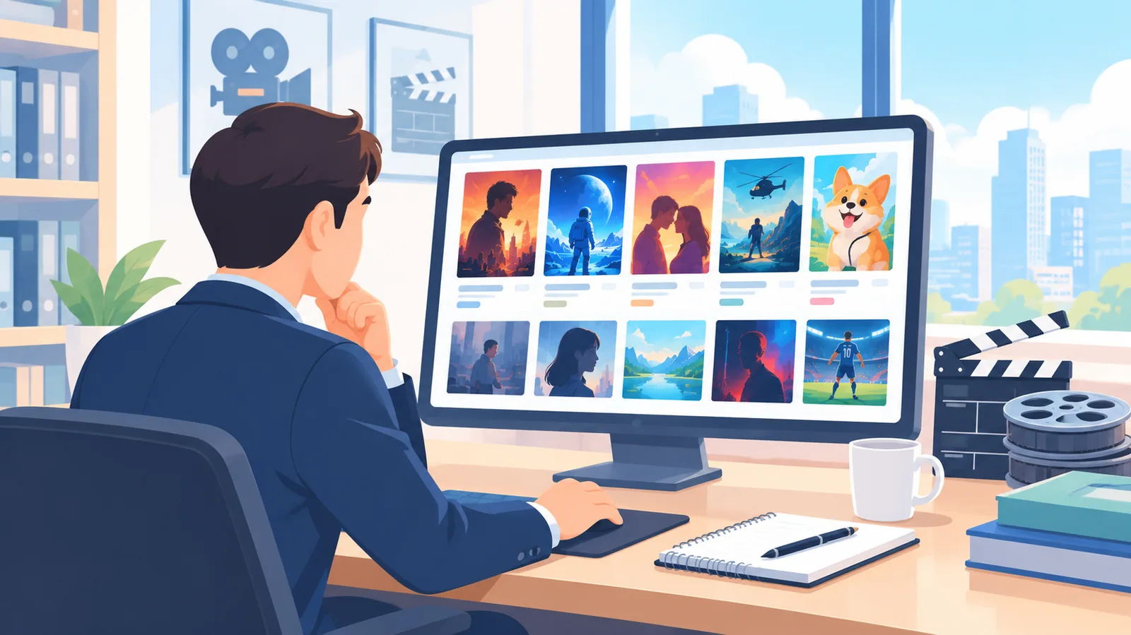 Staf distributor film meninjau katalog judul film di kantor