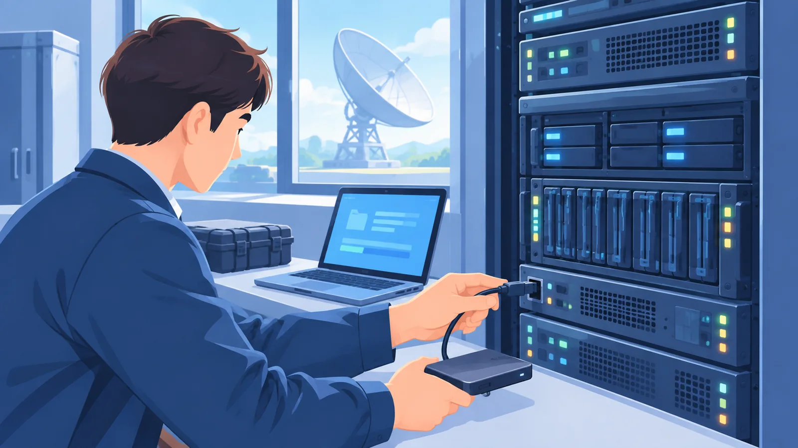 Teknisi memasang media penyimpanan ke server bioskop dengan antena satelit terlihat dari jendela