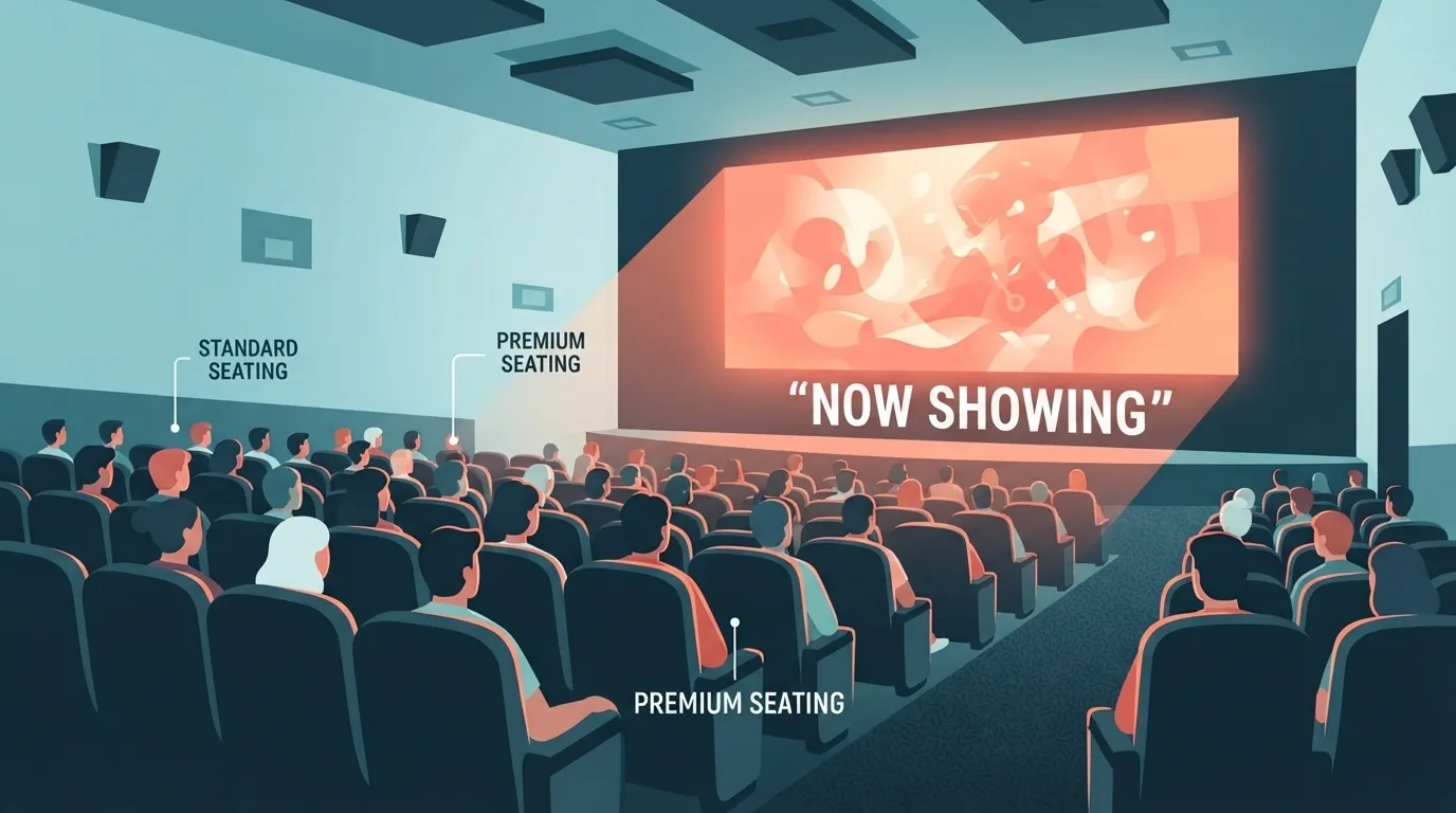 Penonton menyaksikan film di auditorium bioskop yang gelap