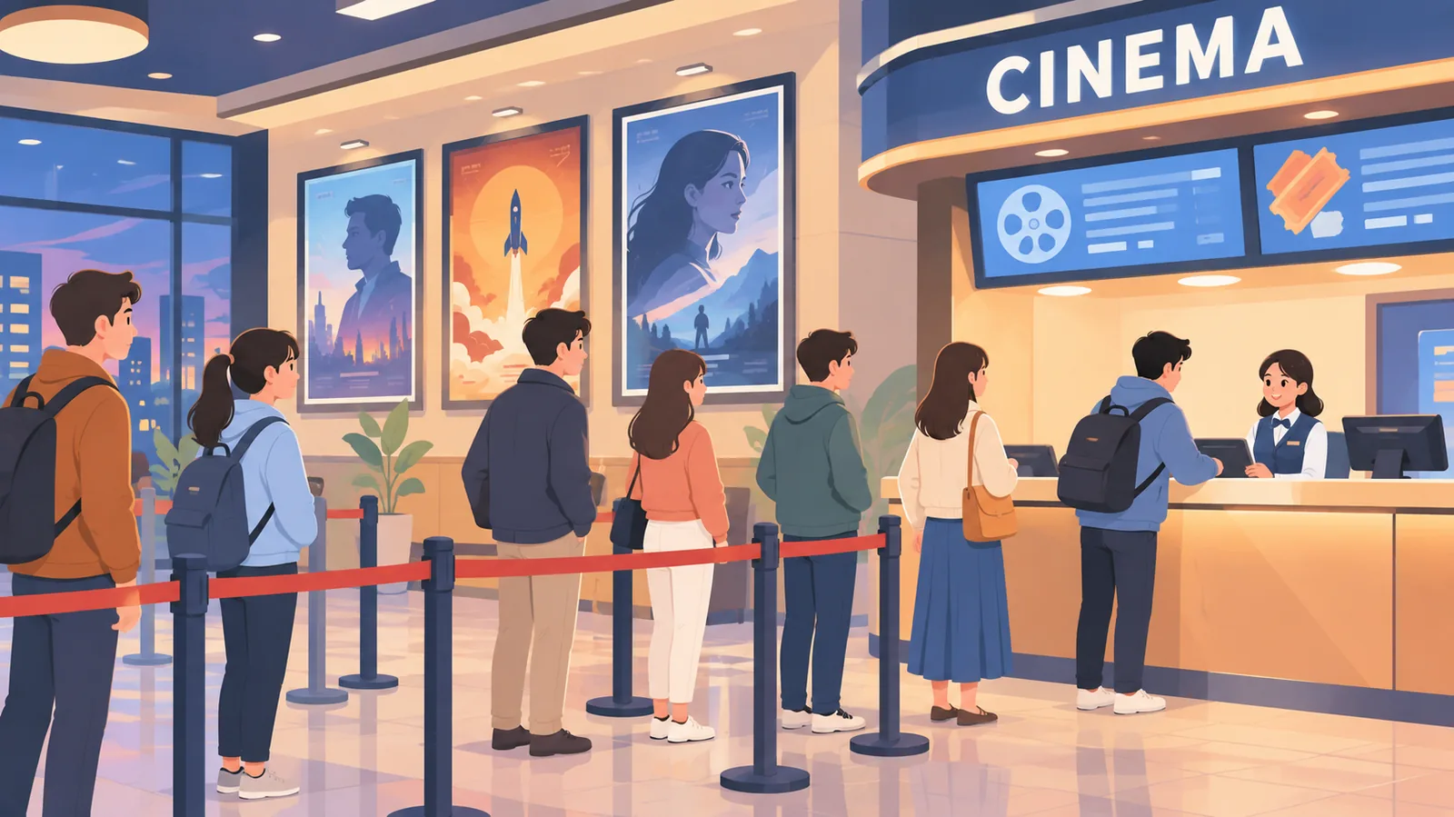 Penonton mengantre di lobi bioskop