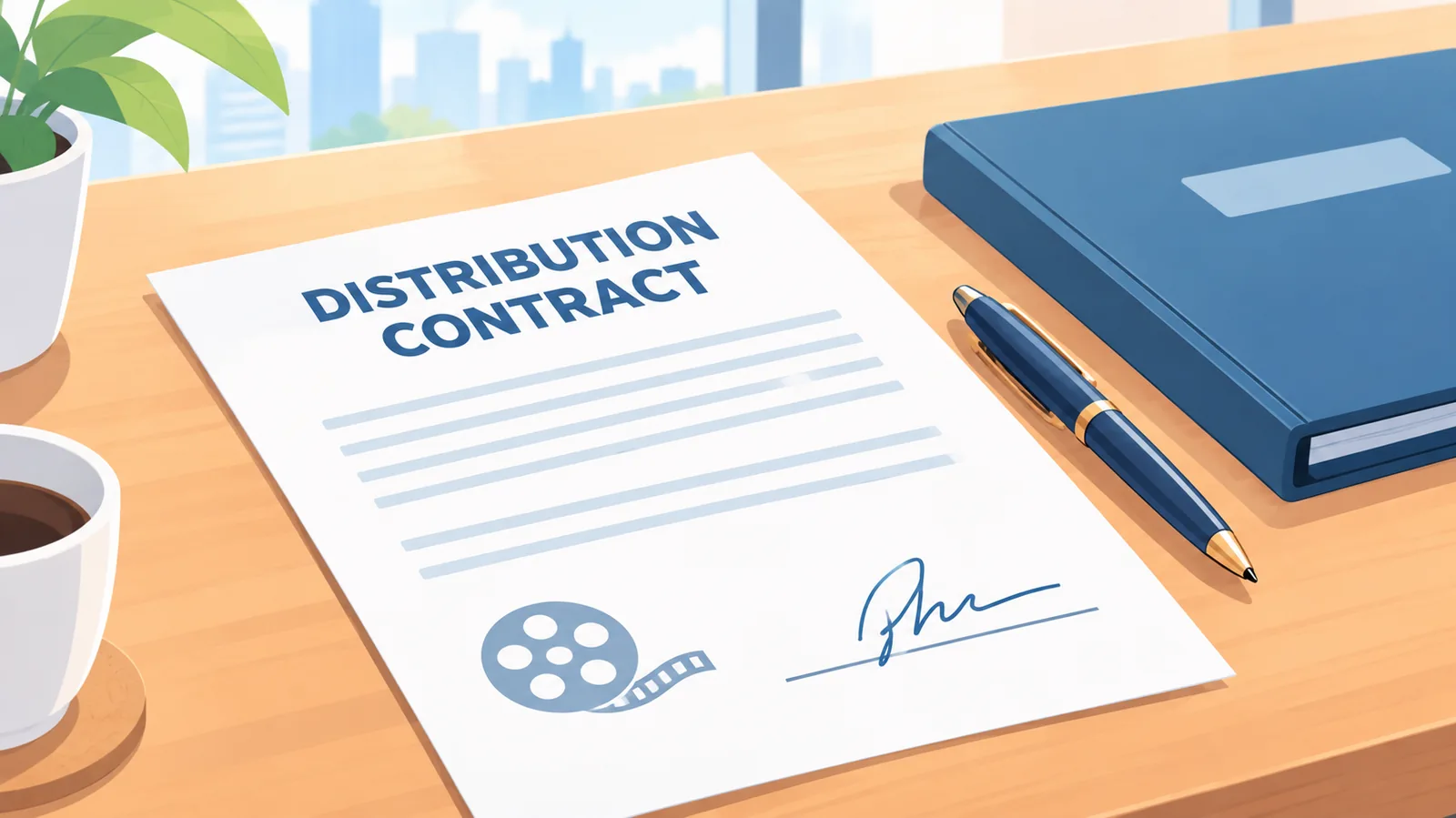 Kontrak distribusi film di atas meja kerja