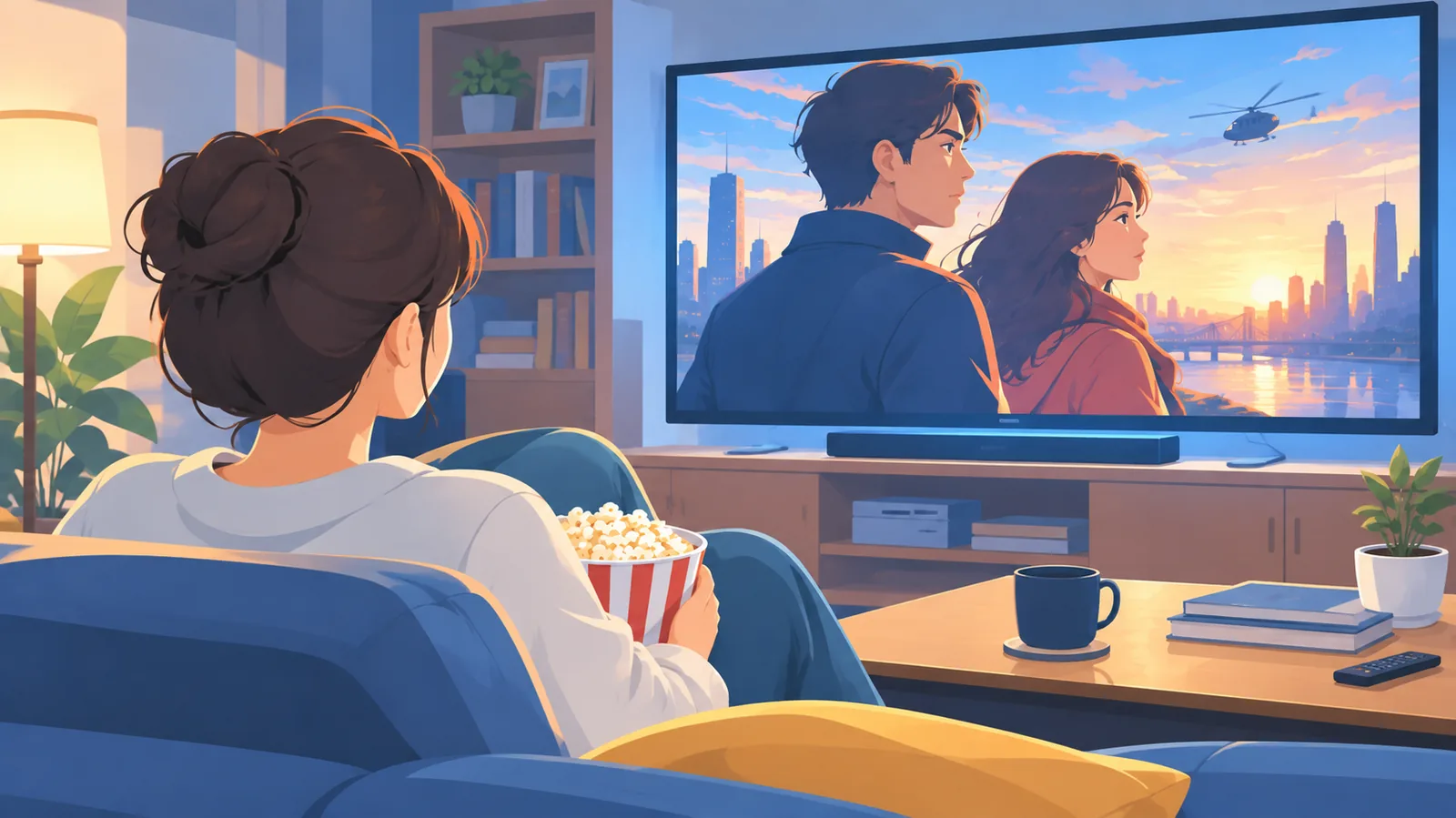 Penonton menonton film lewat layar streaming di rumah