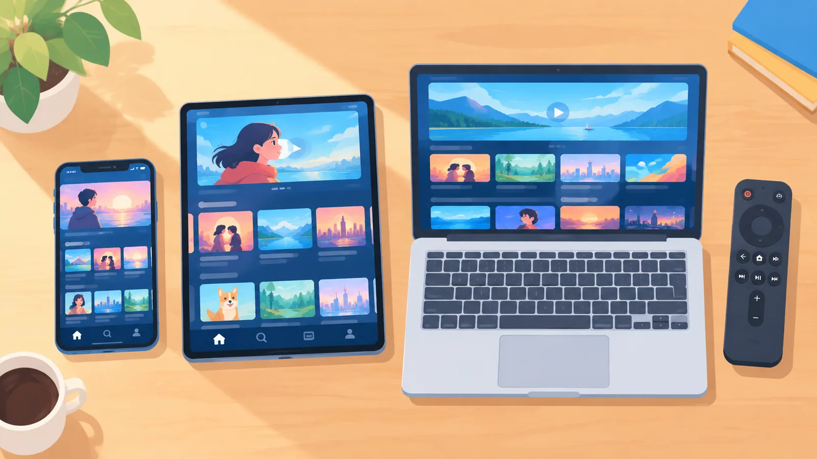 Beberapa perangkat dengan tampilan aplikasi streaming di atas meja