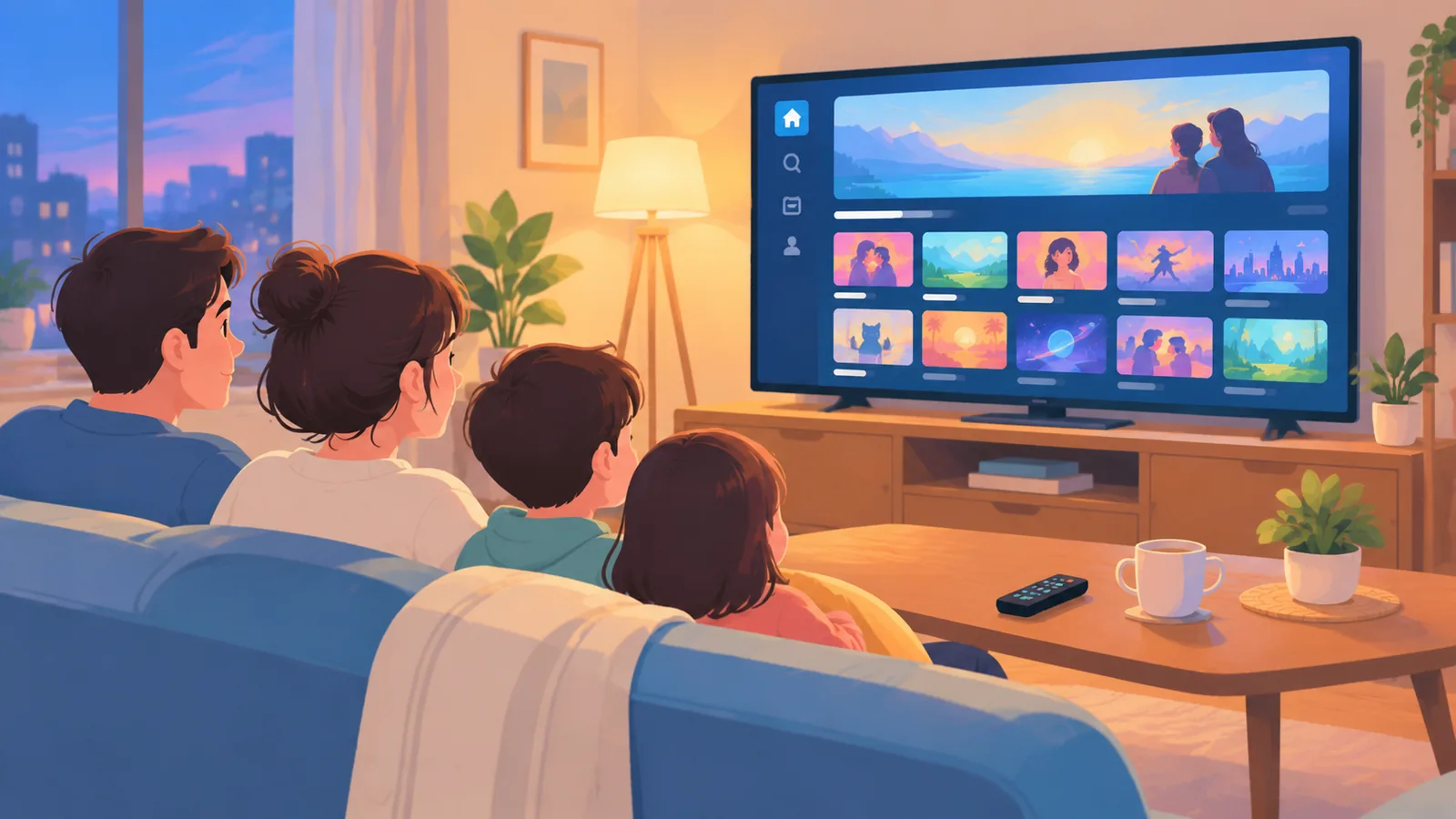 Televisi di ruang keluarga menampilkan antarmuka layanan streaming