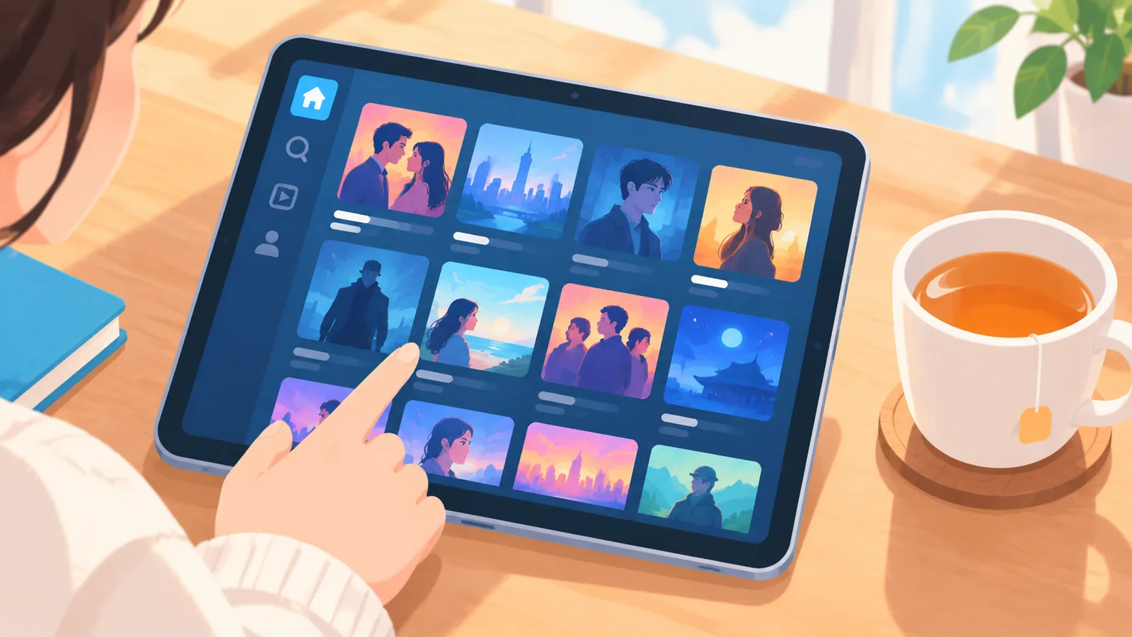 Tablet menampilkan deretan kartu drama series generik