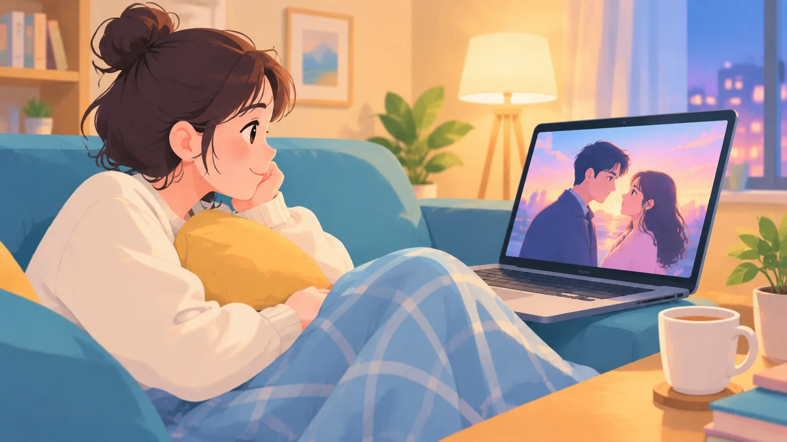 Perempuan menonton drama romantis di sofa dengan laptop