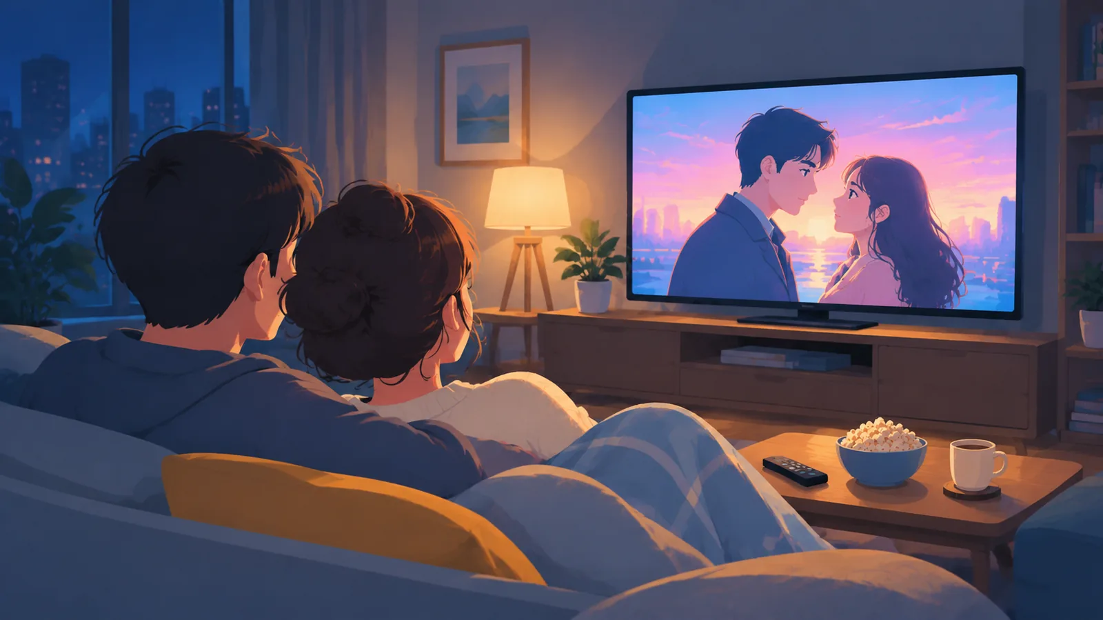 Pasangan menonton serial bersama pada malam hari