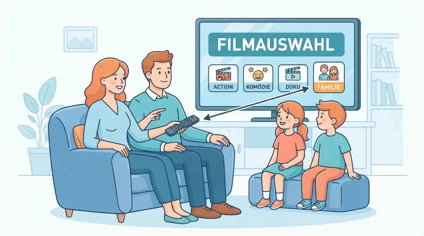 Keluarga di sofa memilih film dengan remote TV
