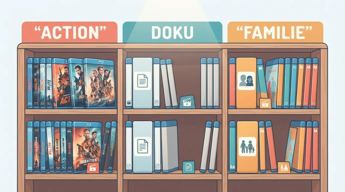 Rak koleksi Blu-ray dan 4K tertata menurut genre