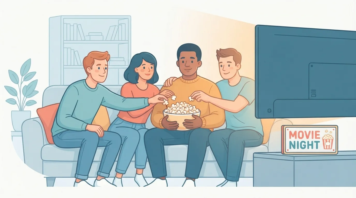 Sekelompok teman berbagi popcorn sambil menonton film di rumah
