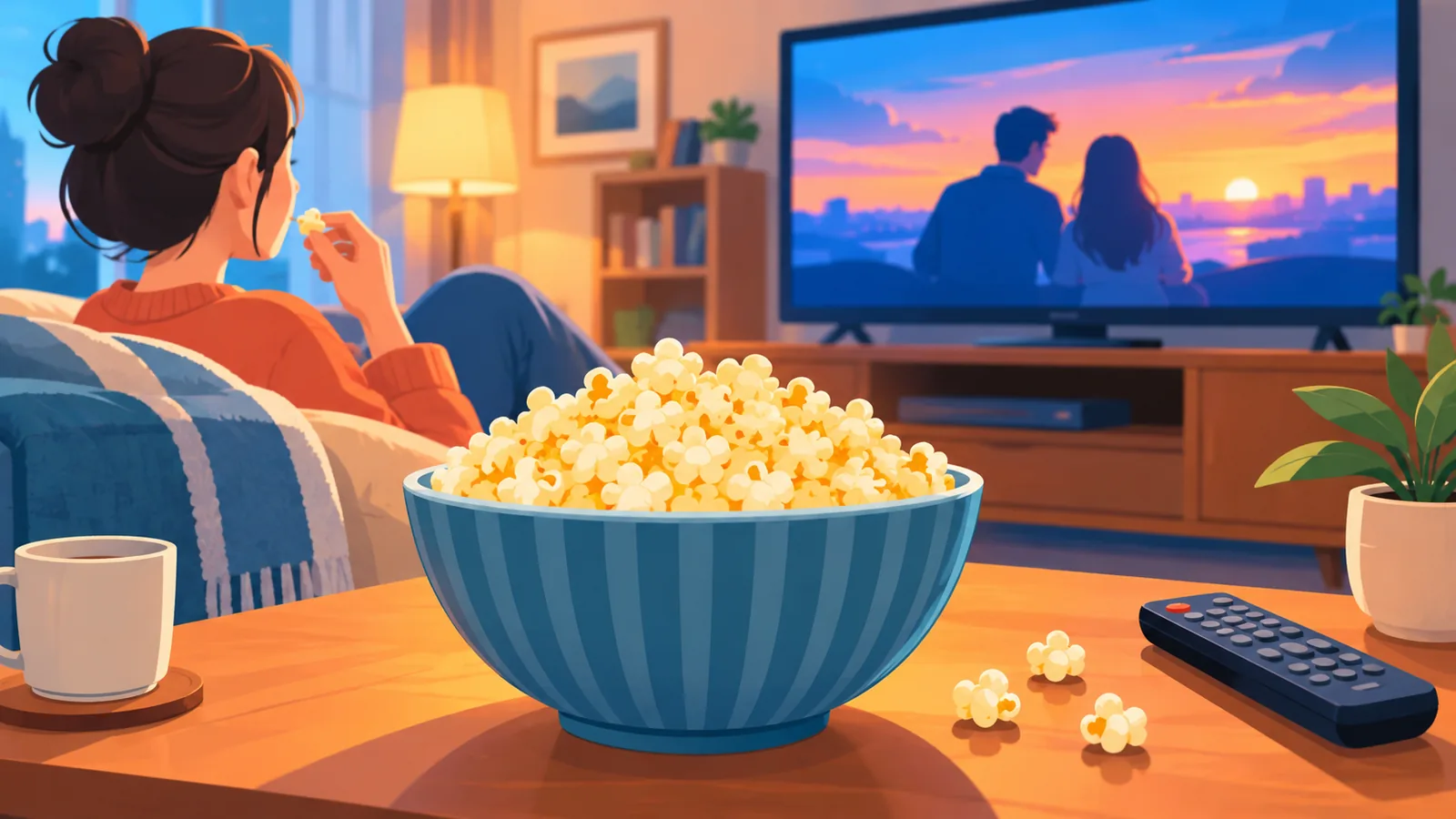 Semangkuk popcorn mentega di meja ruang tamu dekat TV yang menyala