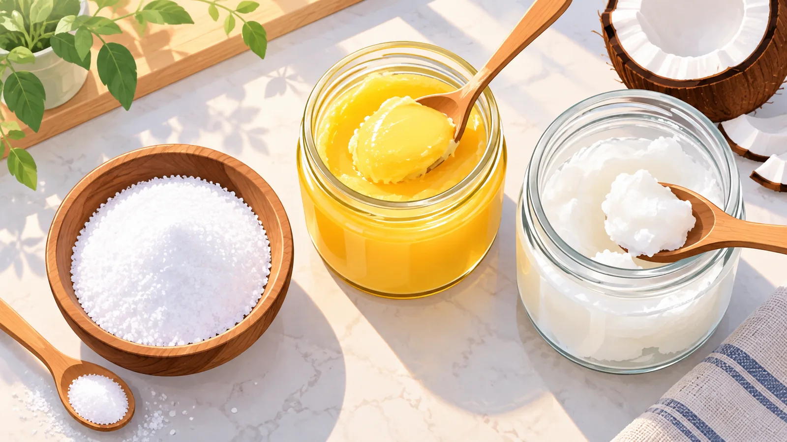 Garam halus, ghee, dan minyak kelapa di meja dapur
