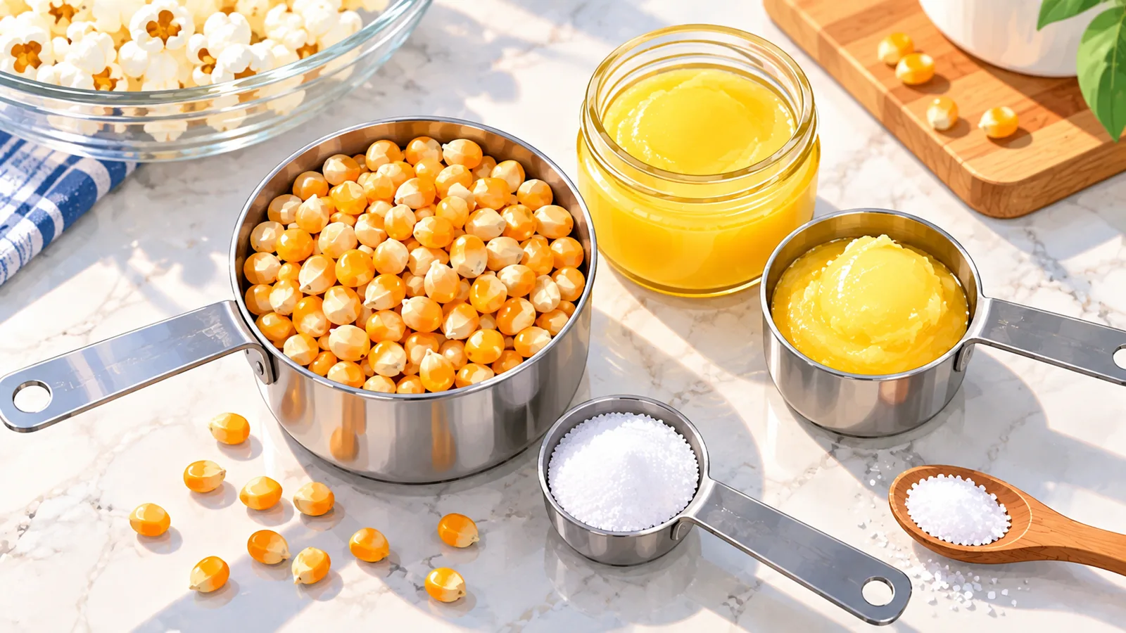 Takaran biji jagung, ghee, dan garam halus di meja marmer