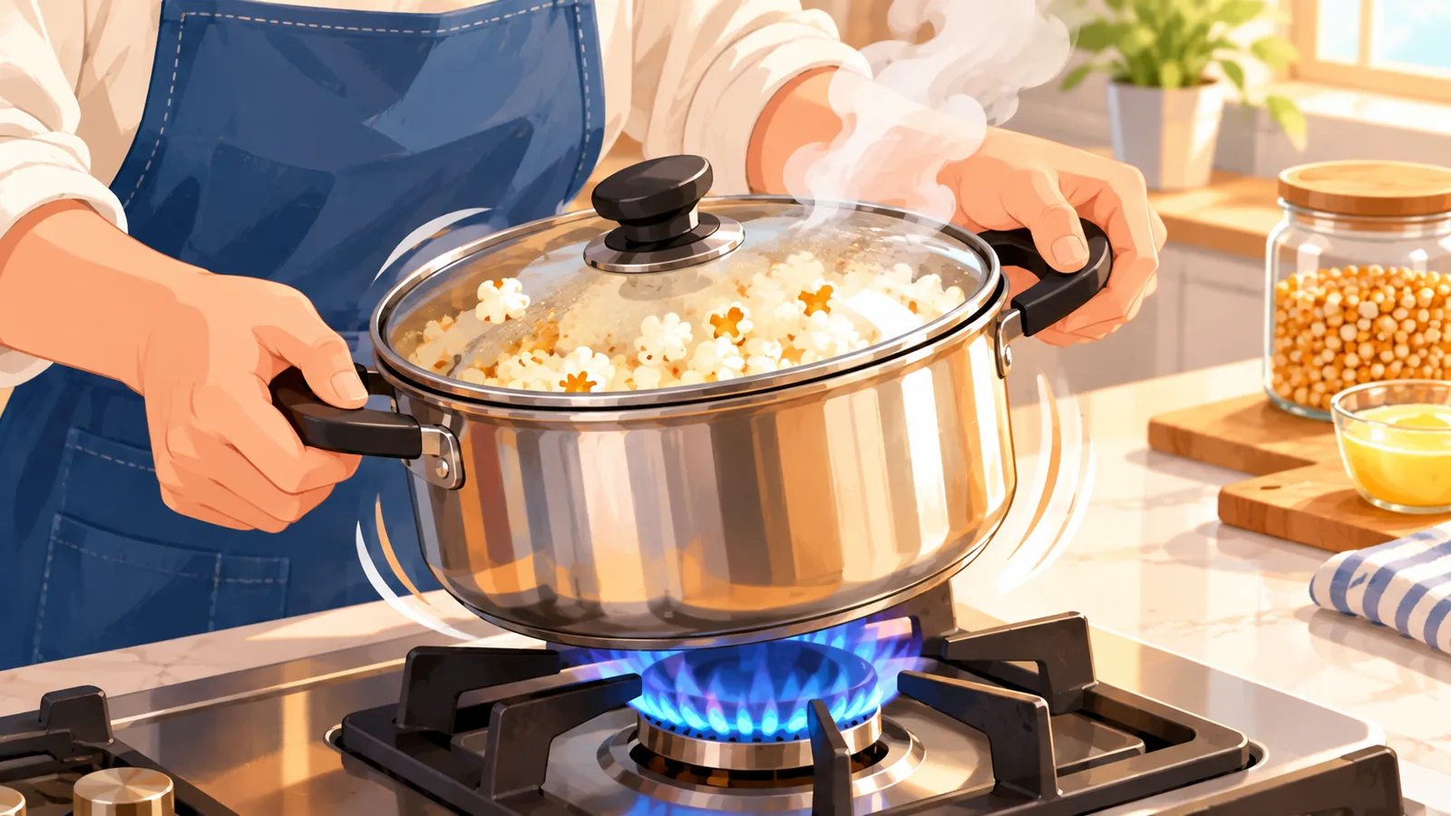 Panci tertutup di atas kompor sedang digoyang untuk memasak popcorn