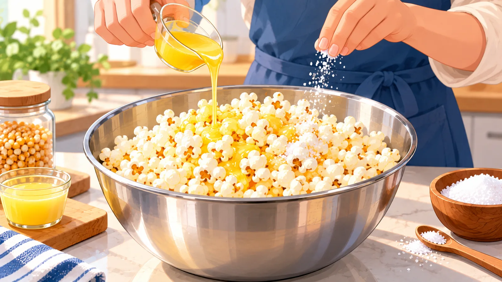 Popcorn panas dalam wadah besar diberi ghee dan garam halus