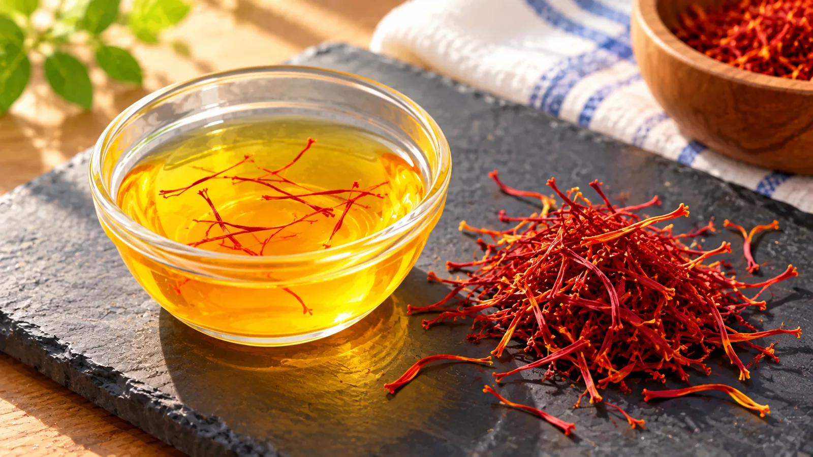 Saffron dan air kunyit di atas papan batu gelap