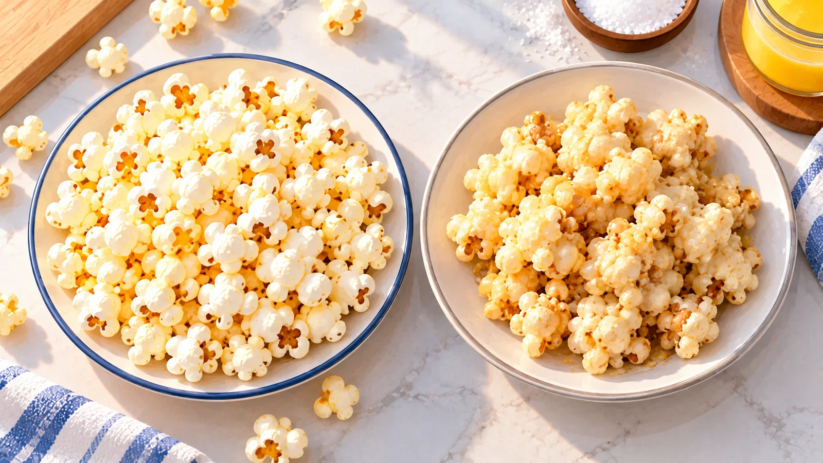 Perbandingan popcorn renyah dan popcorn lembek di dua piring