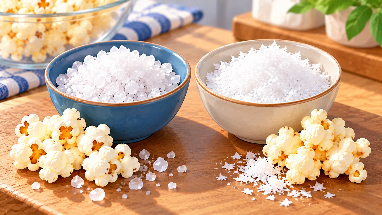 Garam kasar dan garam sangat halus dengan potongan popcorn di sampingnya