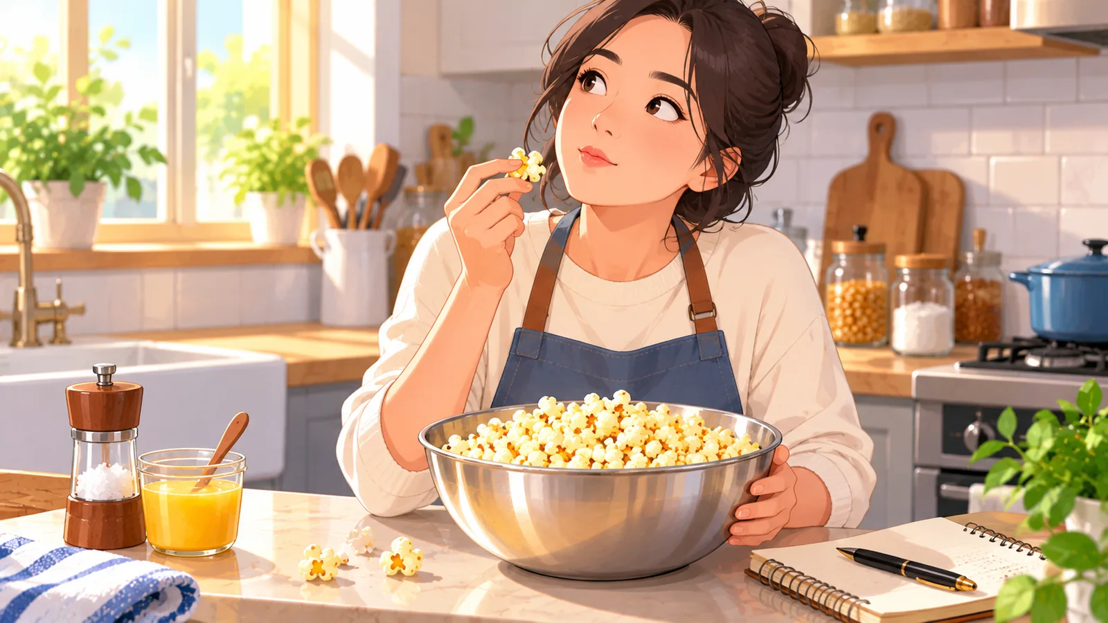 Seseorang mencicipi popcorn di dapur rumah