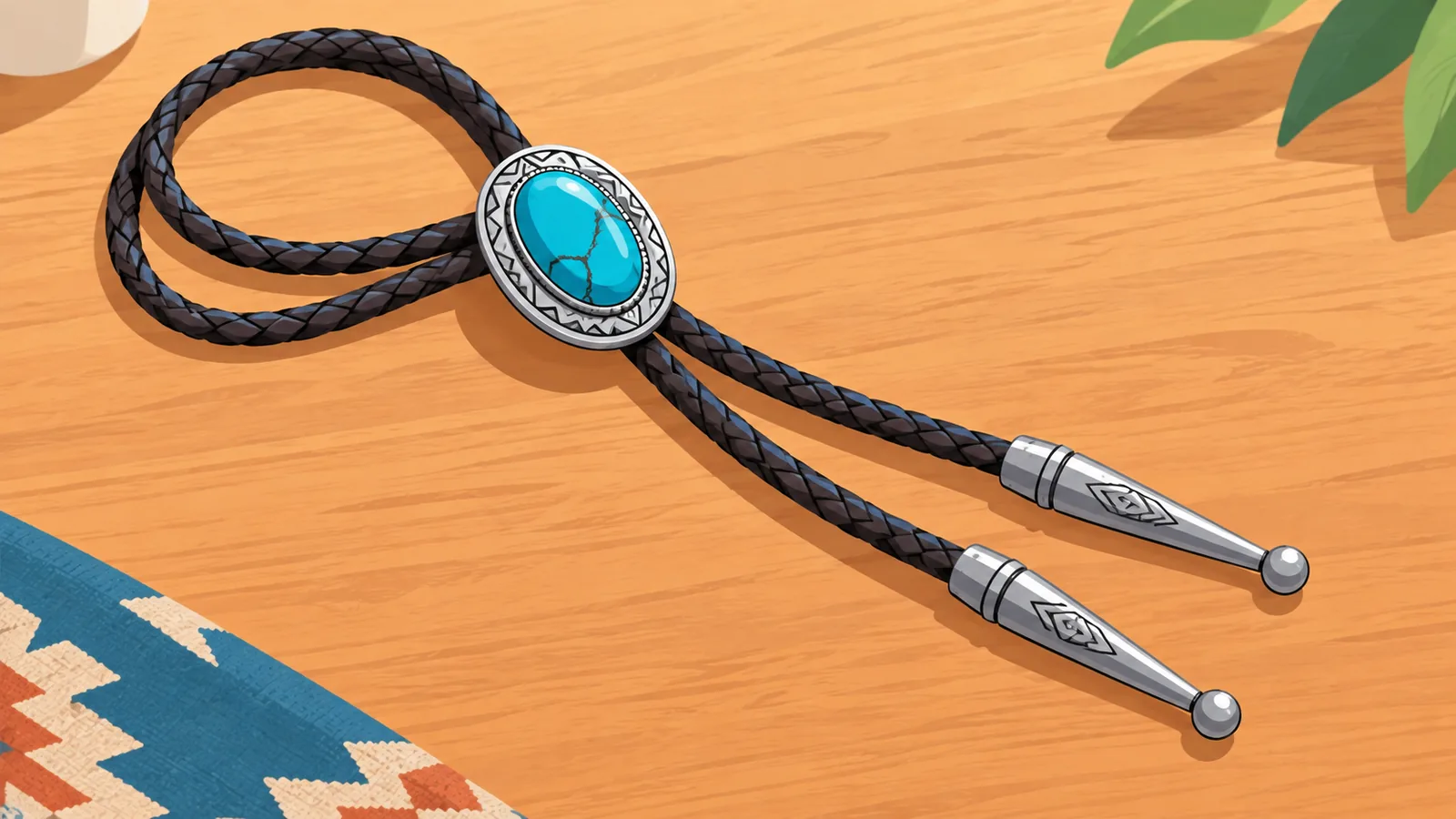 Bagian-bagian bolo tie: tali, slide, dan ujung logam