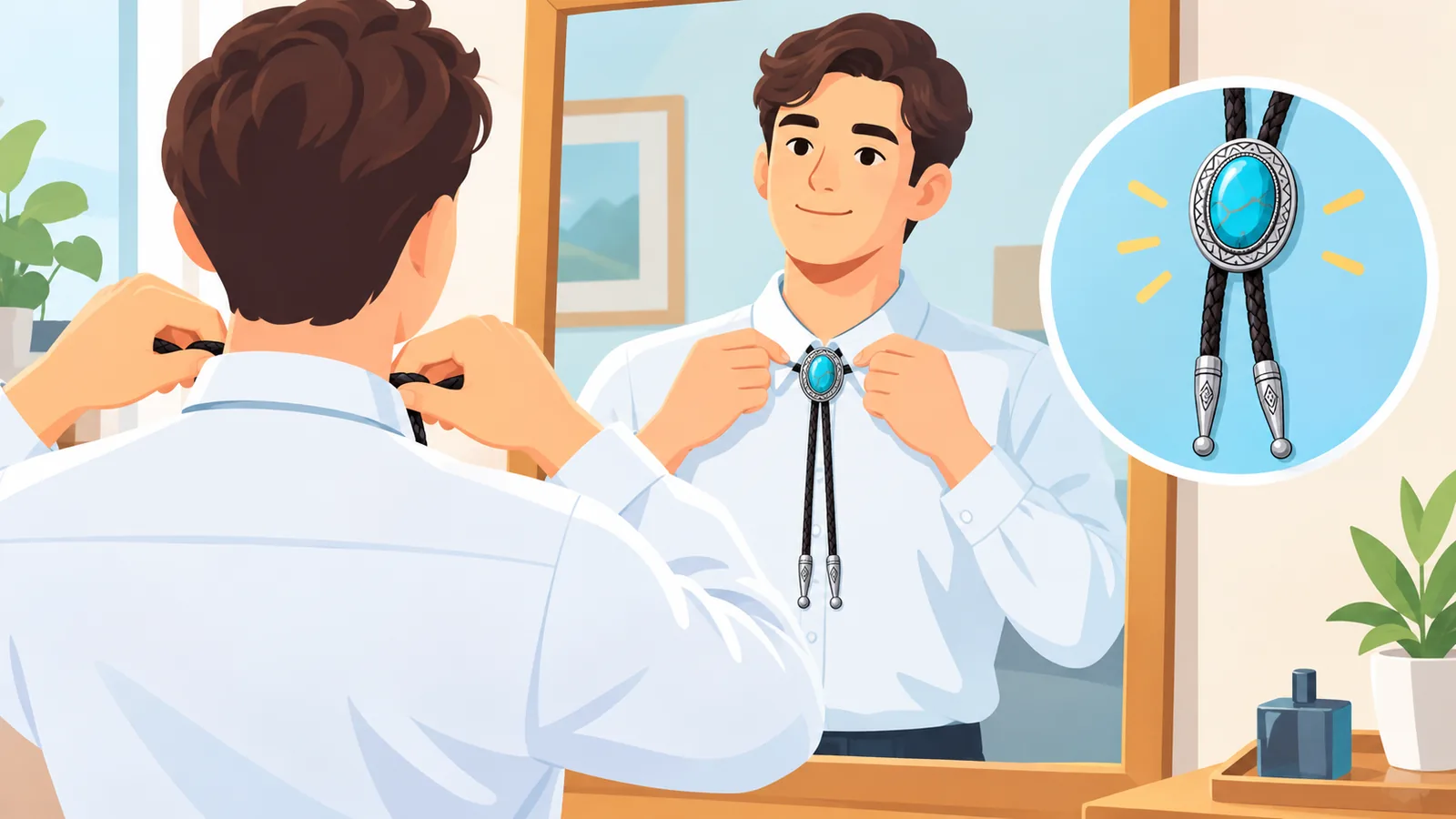 Seseorang melingkarkan tali bolo tie di leher dan merapikan kerah