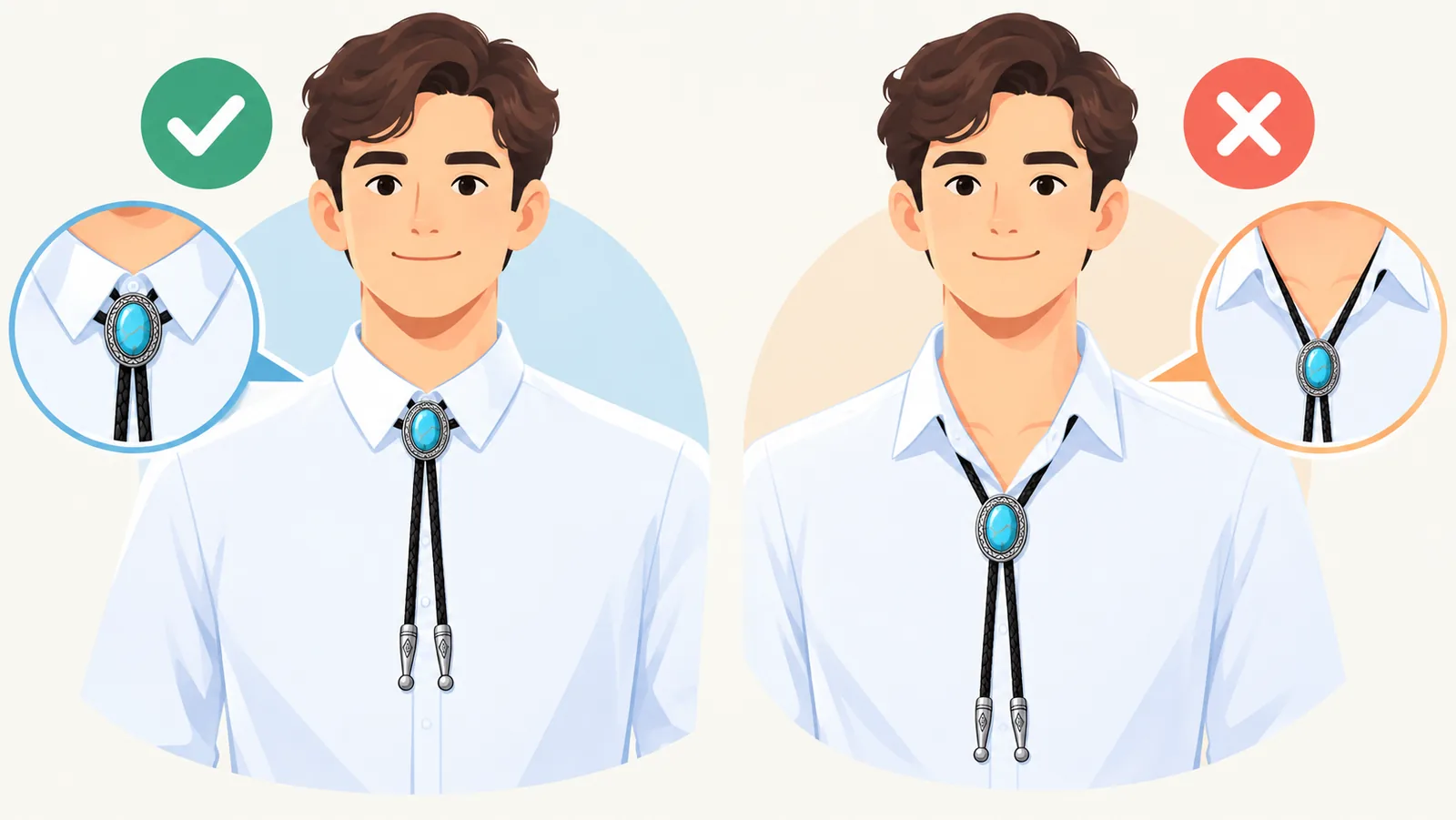 Perbandingan slide bolo tie di dekat kerah dan di area dada