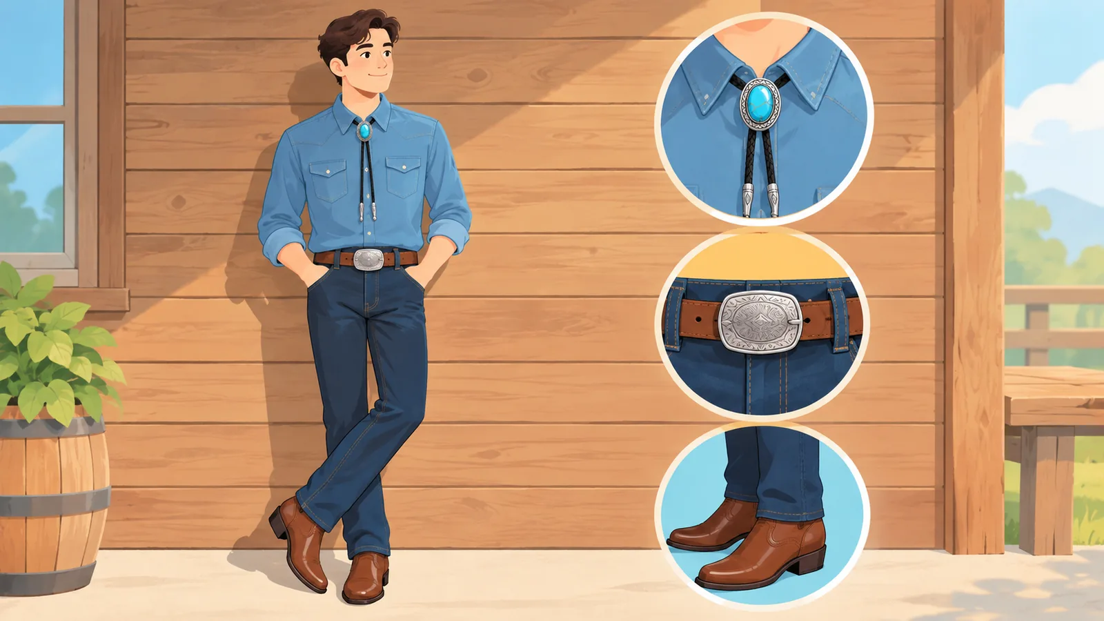 Kemeja denim dengan bolo tie, jeans, ikat pinggang kulit, dan bot