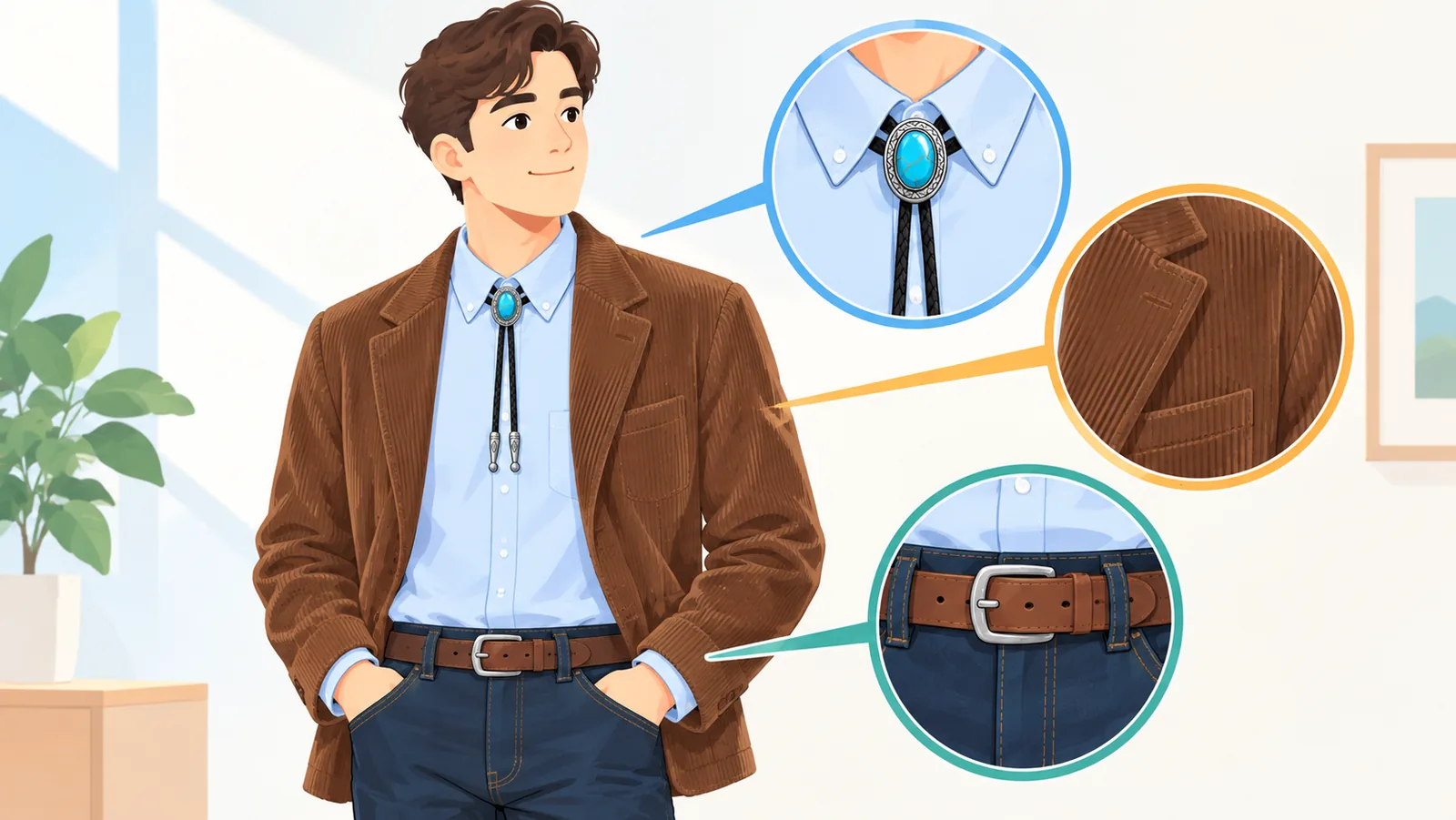 Kemeja oxford biru muda dengan bolo tie dan jaket korduroi