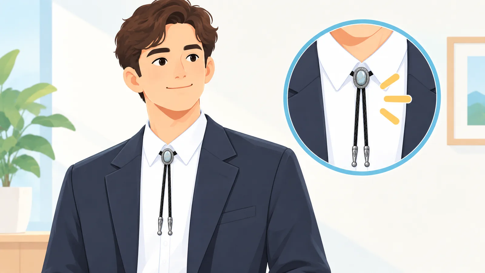 Bolo tie berhiasan kecil dipakai dekat kerah dengan jas